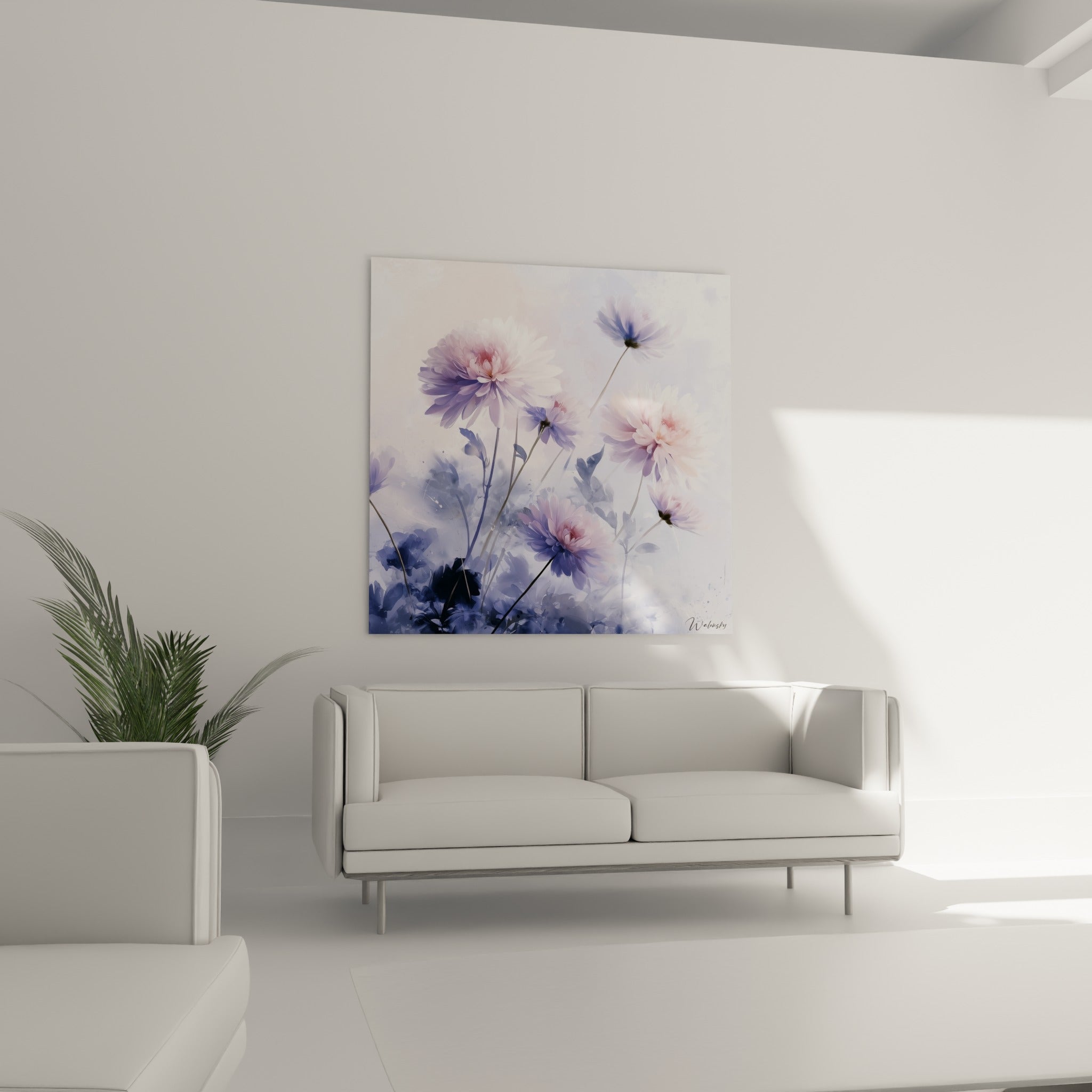 Bouquet de chrysanthèmes pastel roses et violets, disposé au-dessus d'un canapé dans un salon lumineux