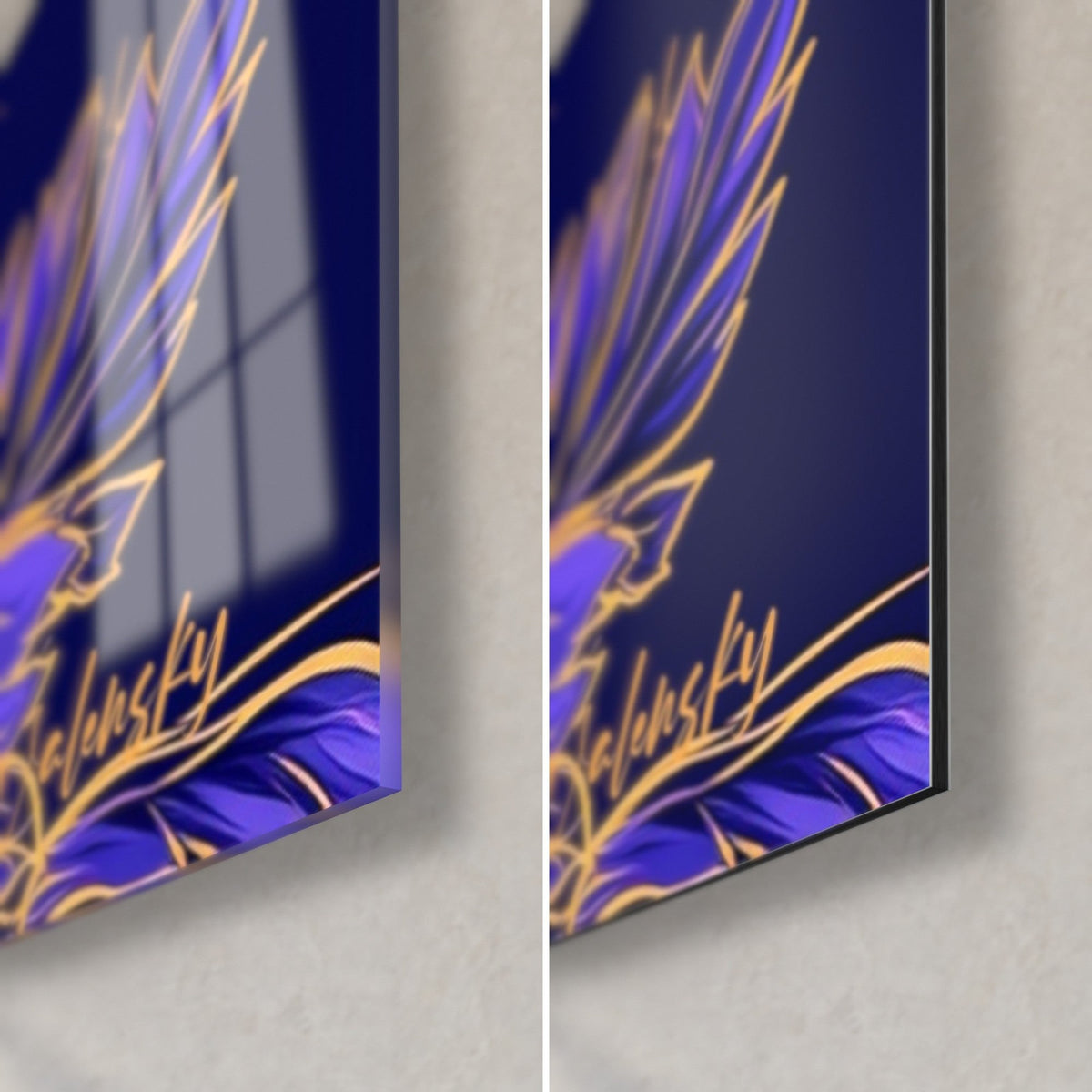 Wall art purple flower outlined in gold, bottom right corner: glossy acrylic glass reflecting a window, on the right matte Dibond and 3 mm edge