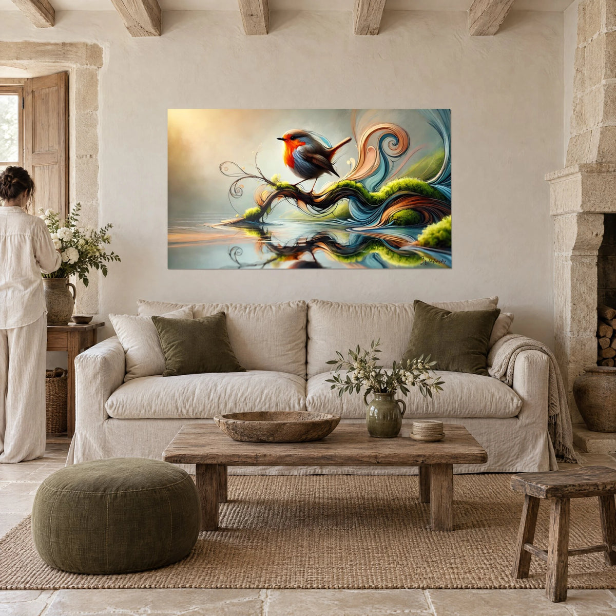 Quadro pettirosso dal petto arancione appollaiato su un ramo coperto di muschio, volute blu e ramate, sopra un divano in un soggiorno luminoso