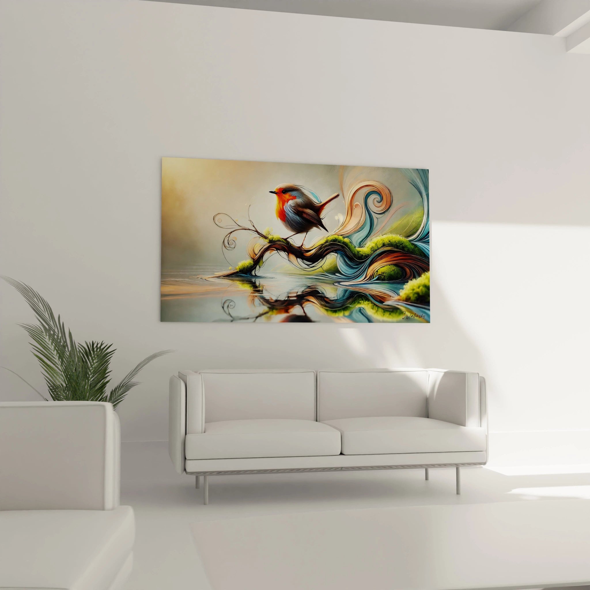 Dans ce salon, le tableau oiseaux accroché au-dessus du canapé apporte une note moderne et colorée. Son esthétique abstraite et ses lignes fluides s’intègrent harmonieusement à la décoration.

