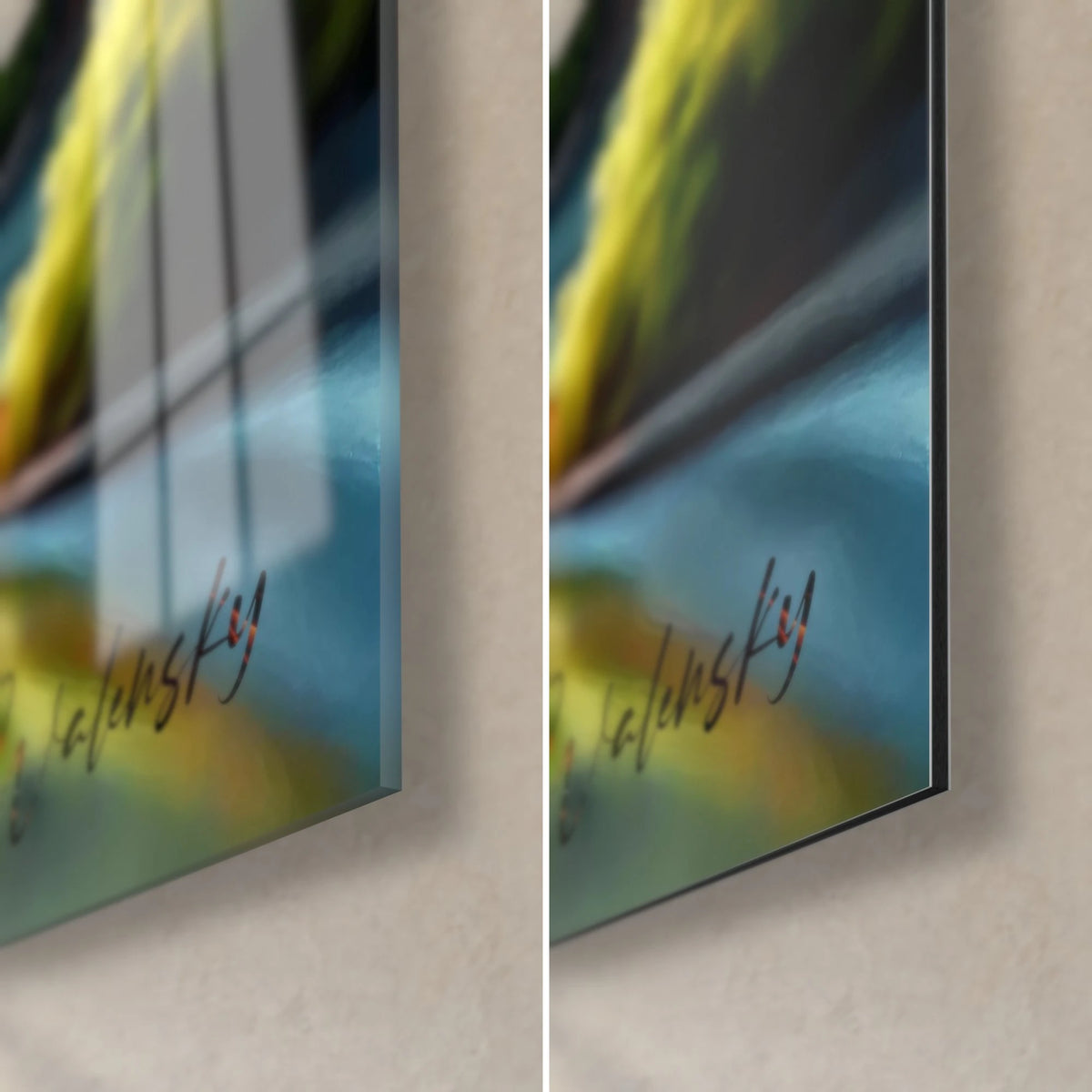 Quadro passero ruggine e grigio, angolo in basso a destra: vetro acrilico lucido a sinistra con riflessi blu, Dibond opaco a destra, bordo di 3 mm