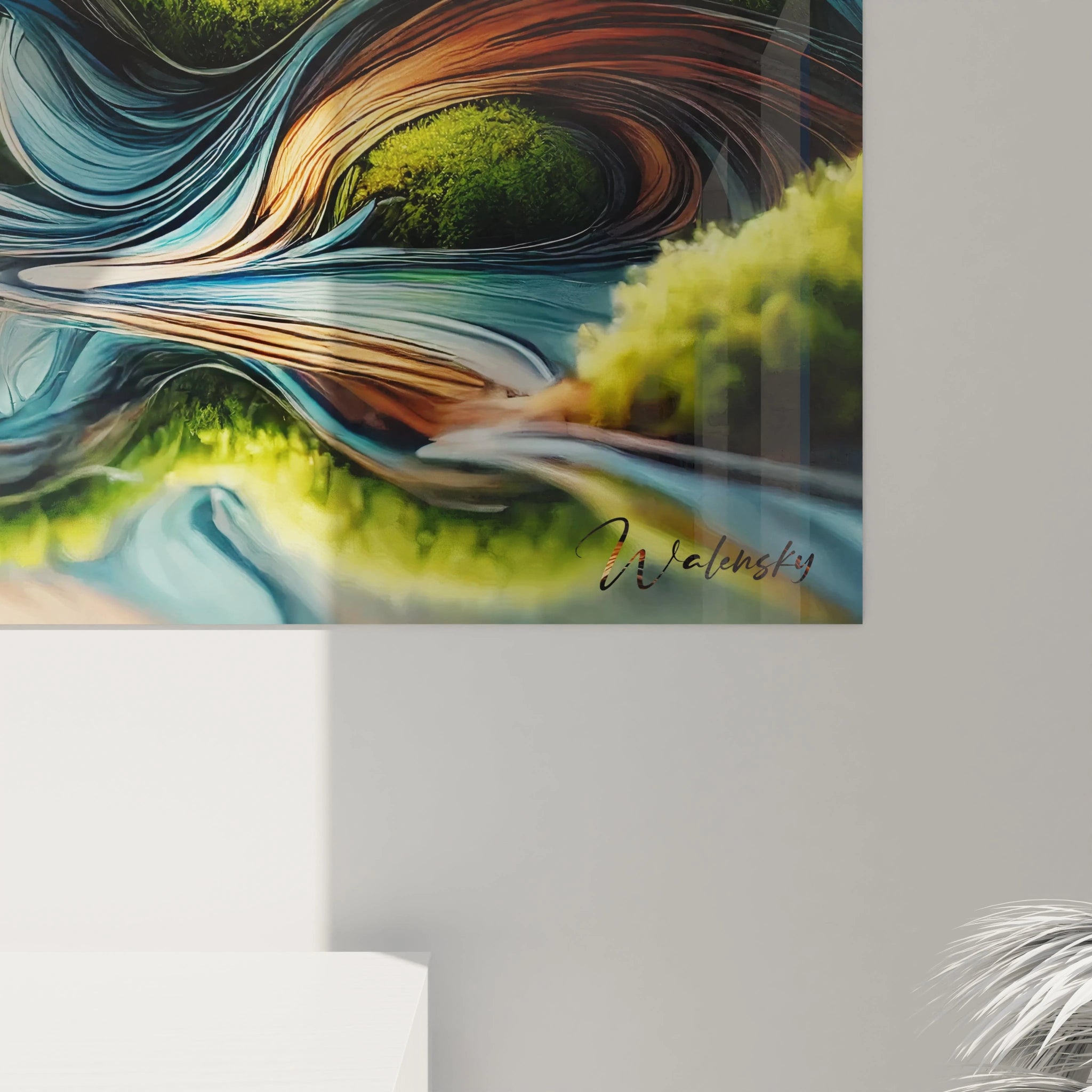 En gros plan, ce tableau oiseaux révèle ses détails fascinants : un oiseau majestueux, des courbes colorées et un effet miroir captivant qui accentue la profondeur et la rêverie de l’œuvre.






