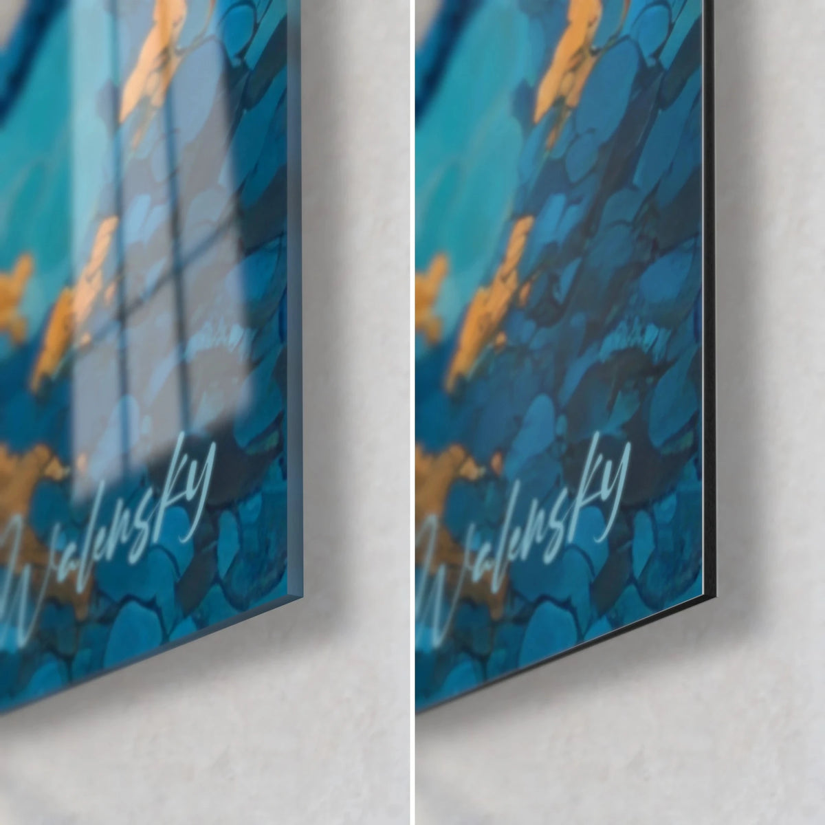 Wall art turquoise mythical beast with a wavy mane, bottom right corner: glossy acrylic glass with reflections, matte black Dibond, 3 mm edge