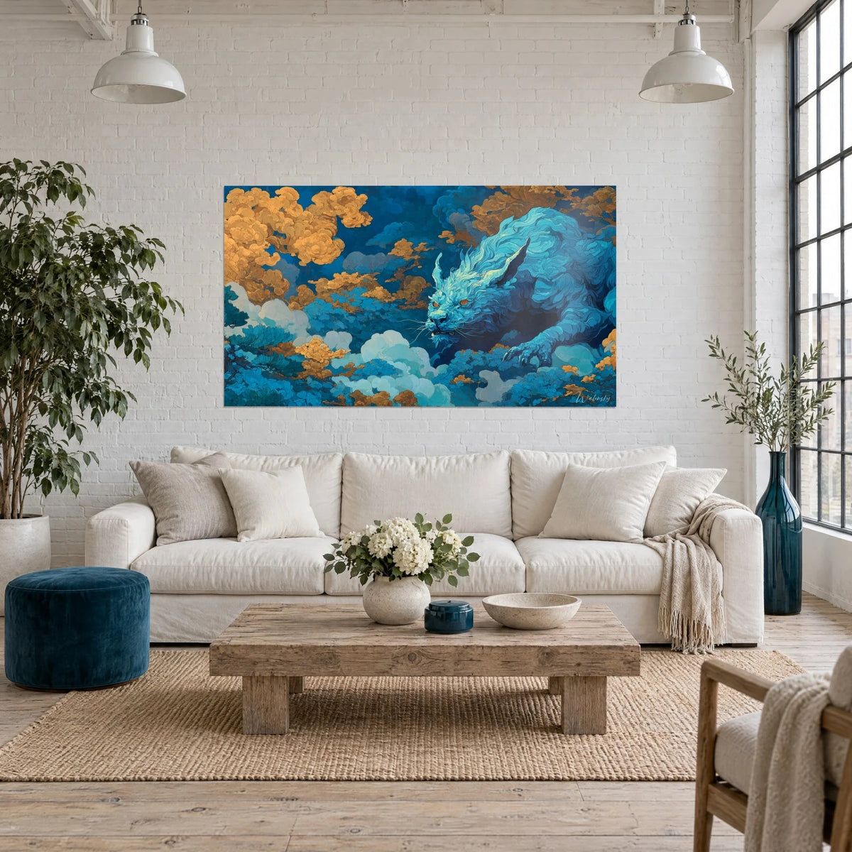 Wall art turquoise mythical feline with orange eyes among ochre and blue clouds, hanging above a sofa in a bright living room
