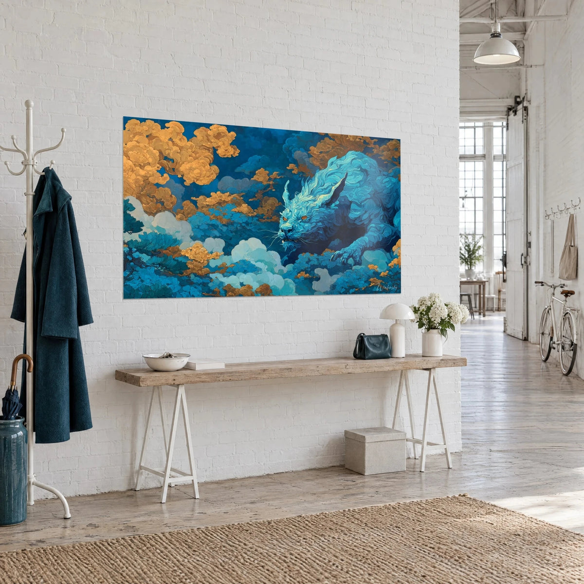Wall art chimera with bared fangs creeping between golden peaks and midnight blue mist, wooden console, artist loft