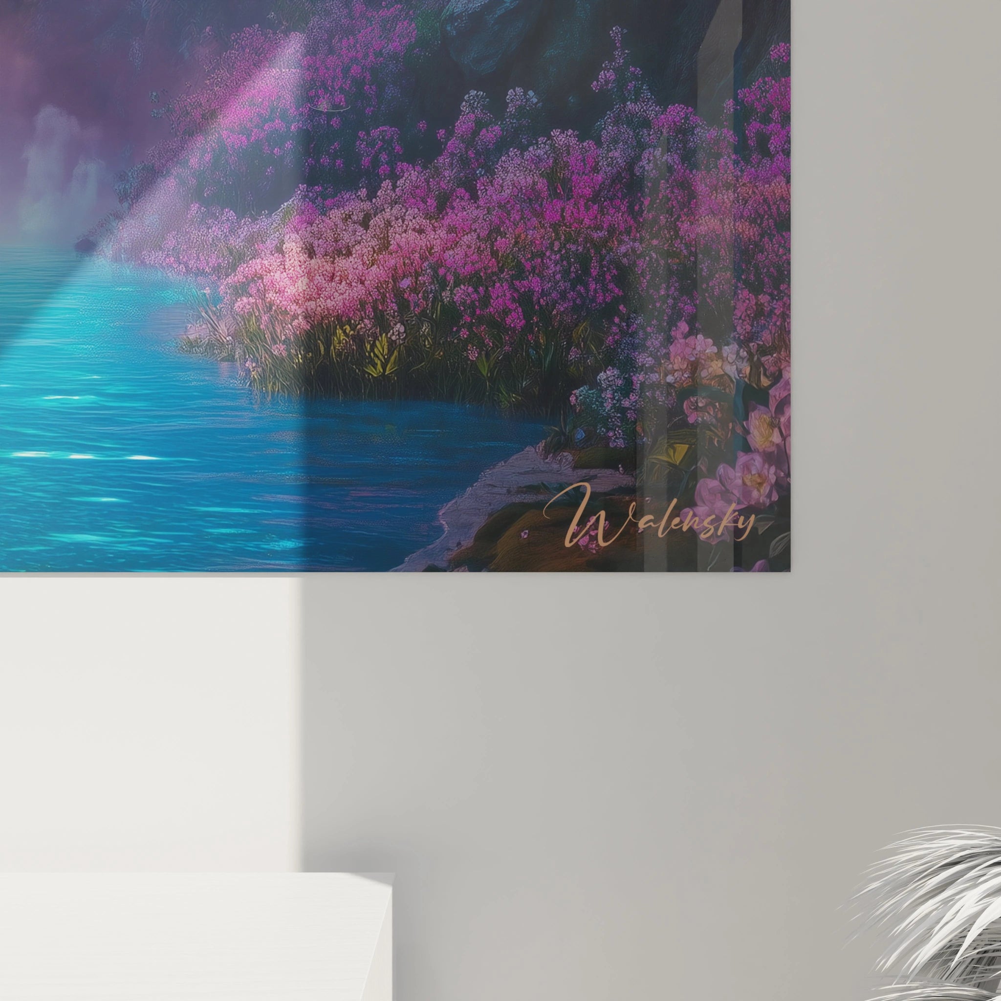 Un tableau cascade illustrant un phénomène naturel fantastique où l'eau aux multiples couleurs coule entre des formations rocheuses dorées et bleues, créant des reflets chromatiques sur la surface d'un bassin entouré de végétation rose luxuriante.
