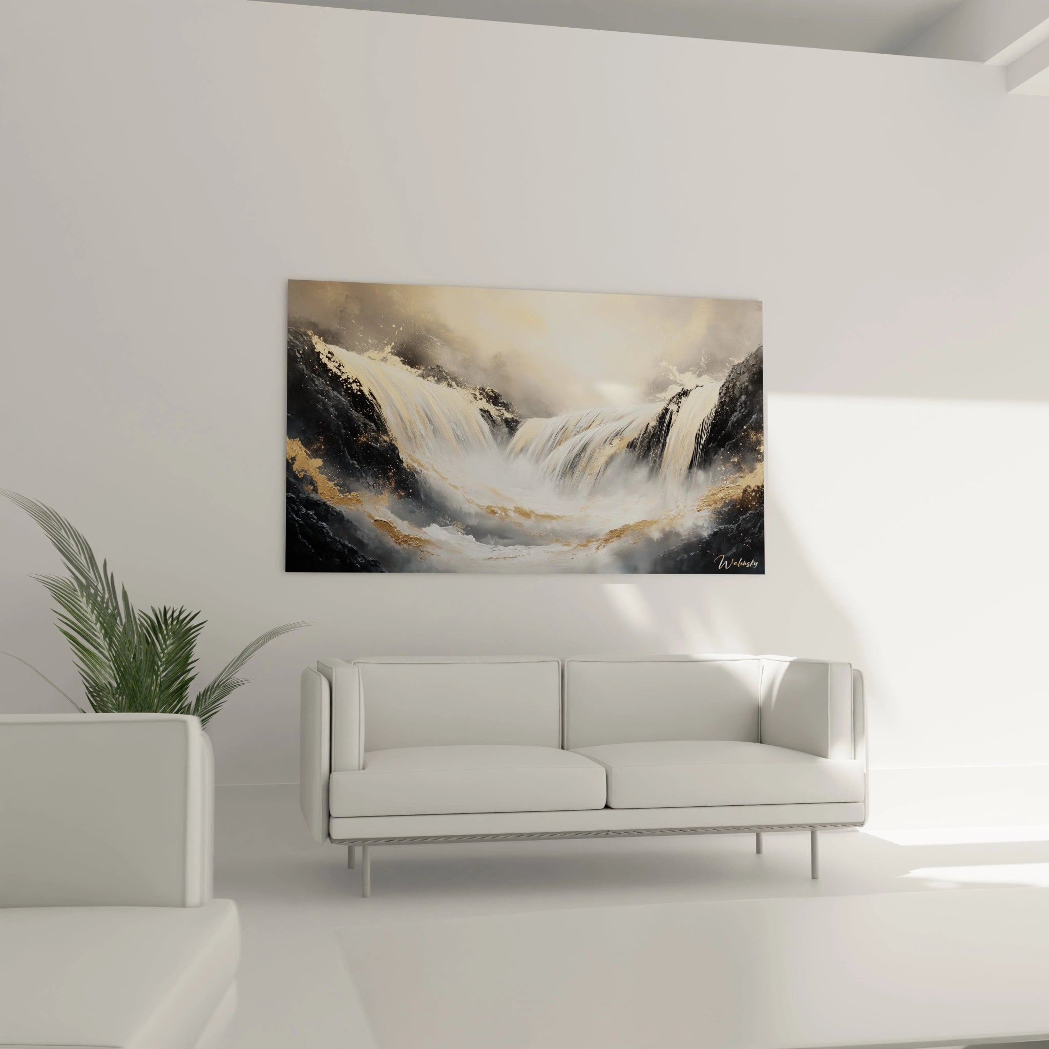 Un tableau cascade en format horizontal illustrant le mouvement dynamique de l'eau blanche et dorée qui dévale entre formations rocheuses noires, créant un effet de profondeur et d'immersion dans un paysage brumeux.
