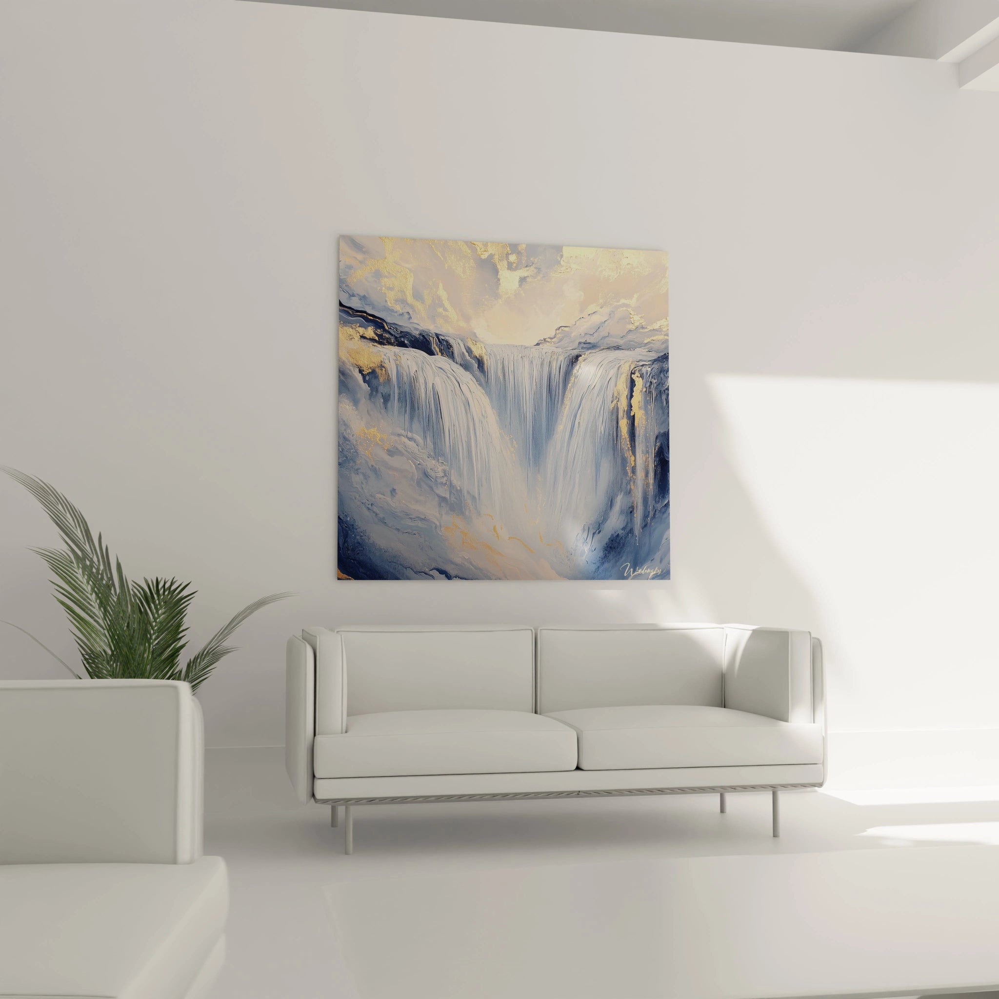 Un tableau cascade éthéré montrant des flux d'eau blanche descendant verticalement contre un fond bleu apaisant, enrichi d'accents dorés et de textures variées qui suggèrent le mouvement perpétuel et la force tranquille de l'eau.
