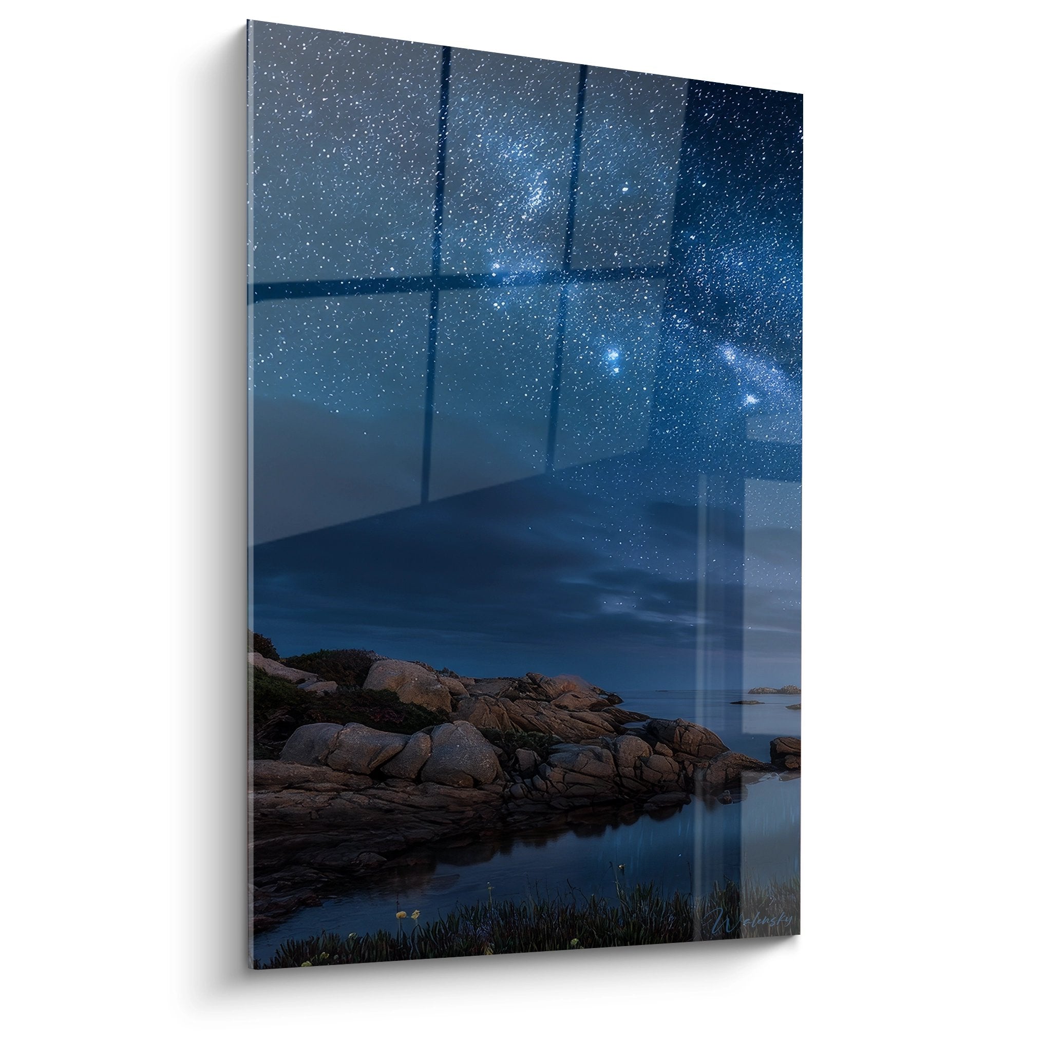 Tableau mural ciel étoilé avec paysage côtier rocheux et voie lactée pour décoration moderne