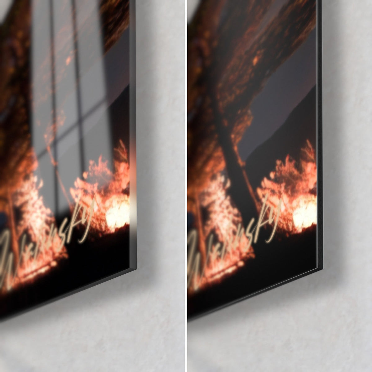 Wall art starry night, bottom right corner: glossy glass reflecting orange flames on the left, matte black Dibond on the right, 3 mm edge