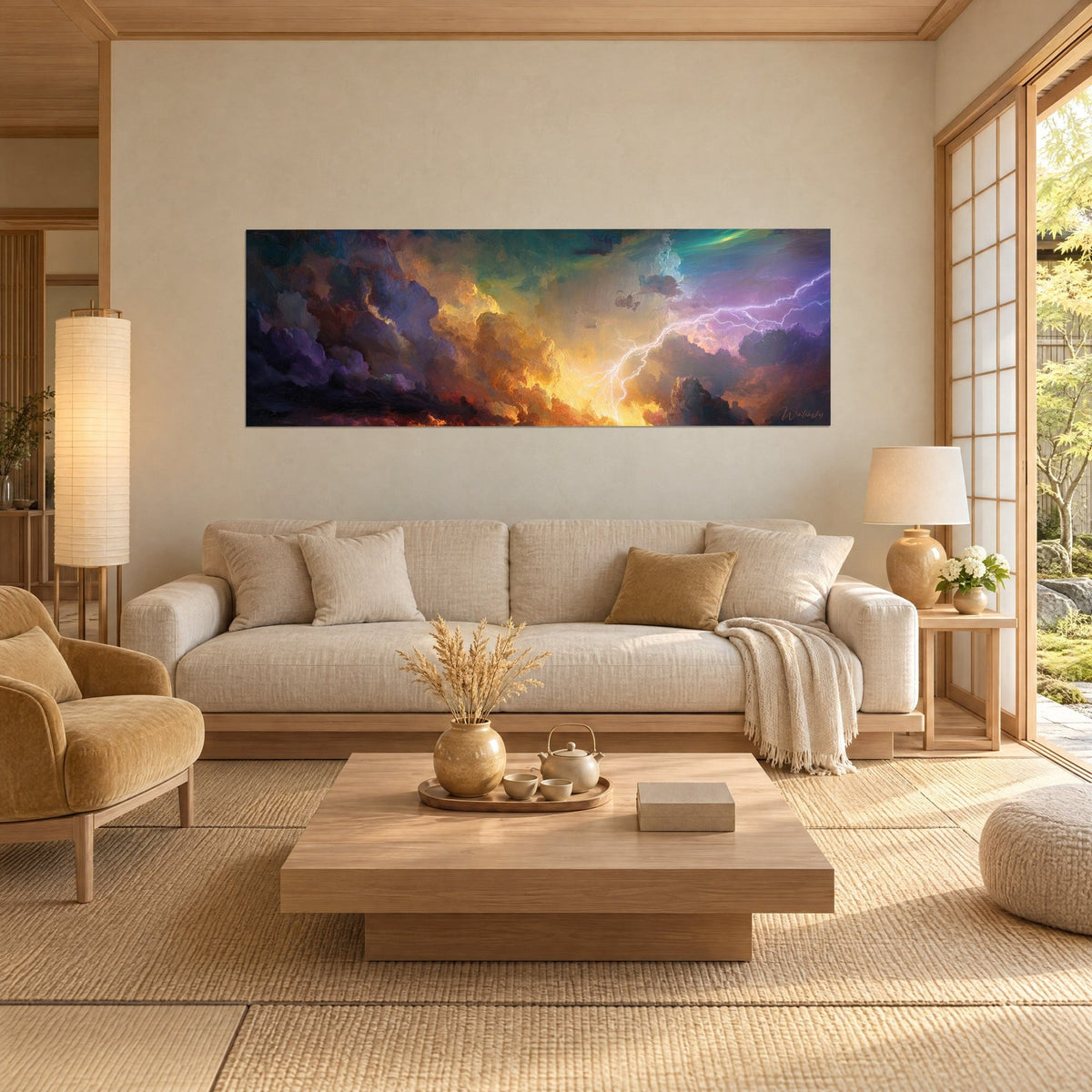 Tableau ciel d'orage panoramique, nuages violets et dorés zébrés d'un éclair blanc, au-dessus d'un canapé dans un salon lumineux