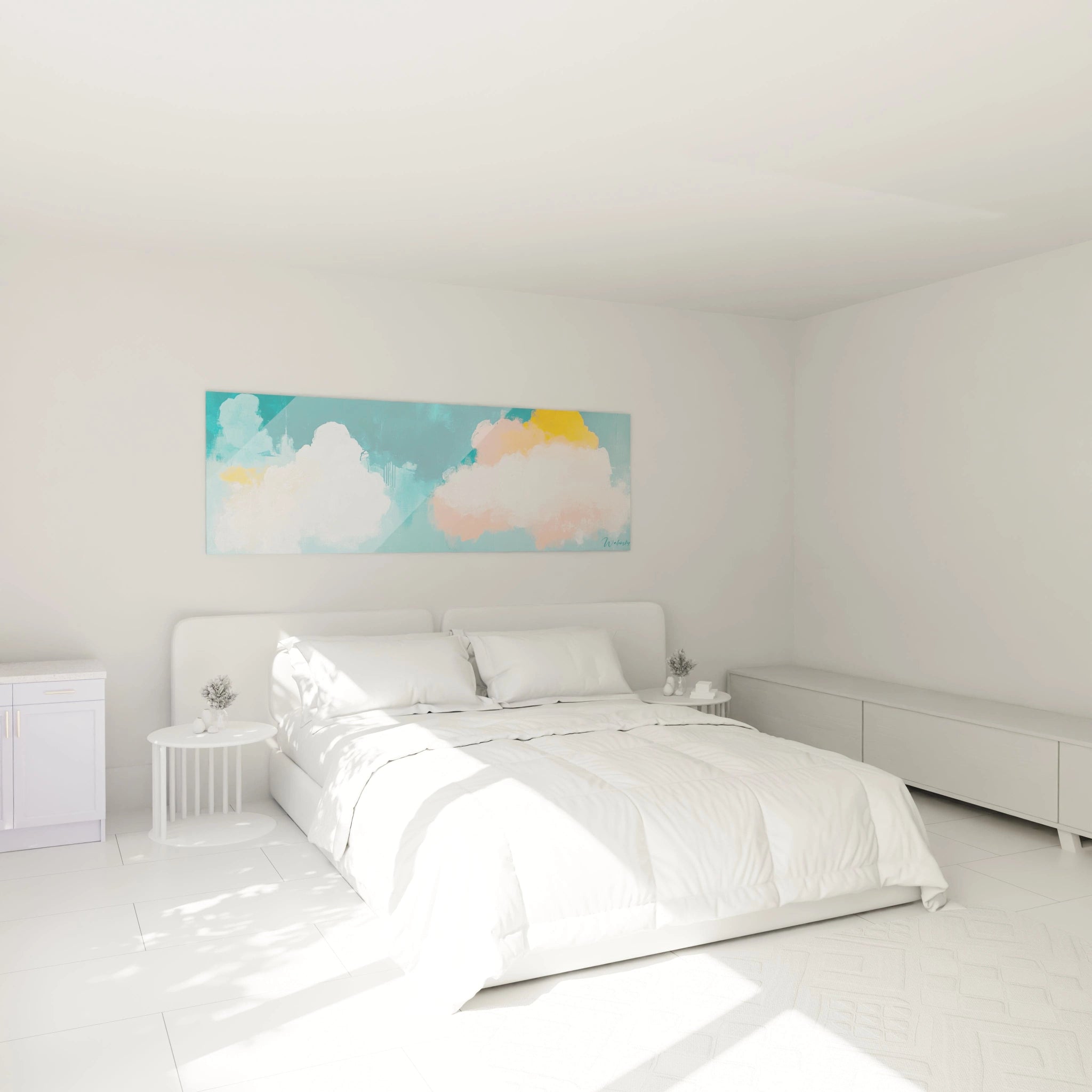 Tableau peinture abstrait Walensky représentant des nuages colorés au-dessus d'un lit dans une chambre moderne
