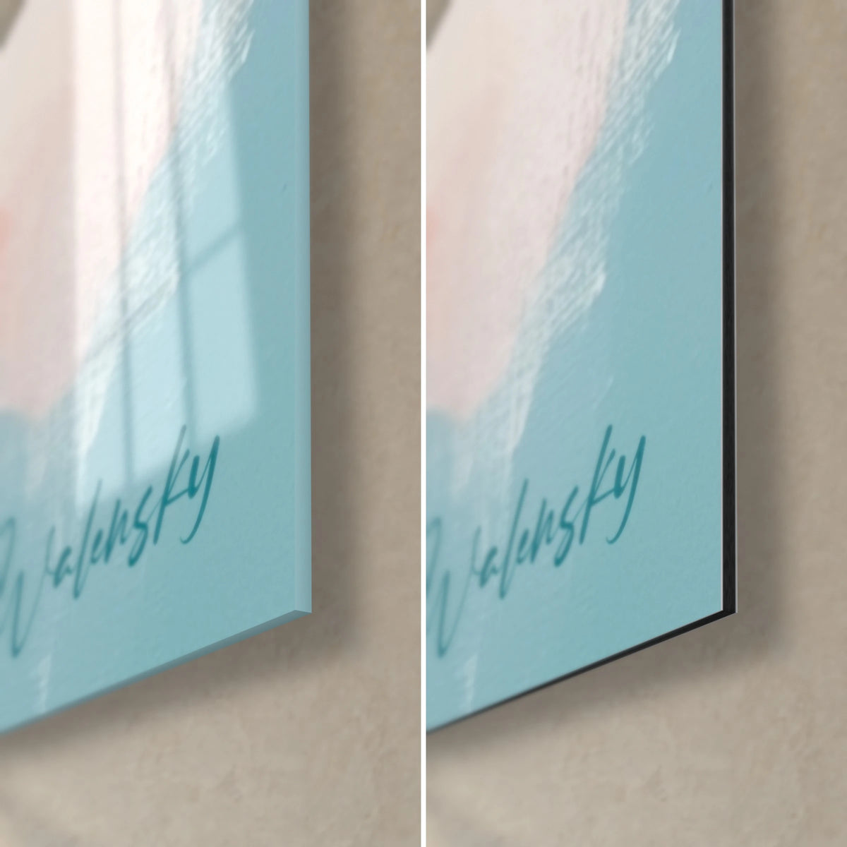 Tableau cumulus peints en blanc et bleu glacier, coin bas droit avec signature Walensky, verre brillant et Dibond mat