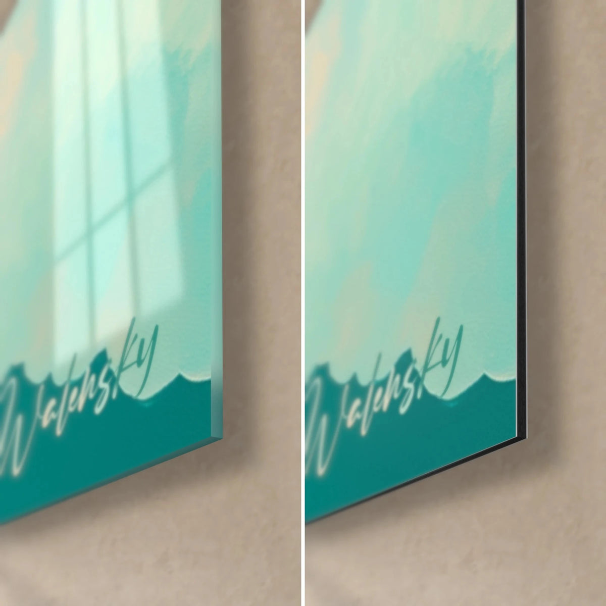 Tableau cieux turquoise et jaune safran, coin bas droit : verre brillant à gauche, alu Dibond mat à droite, tranche de 3 mm