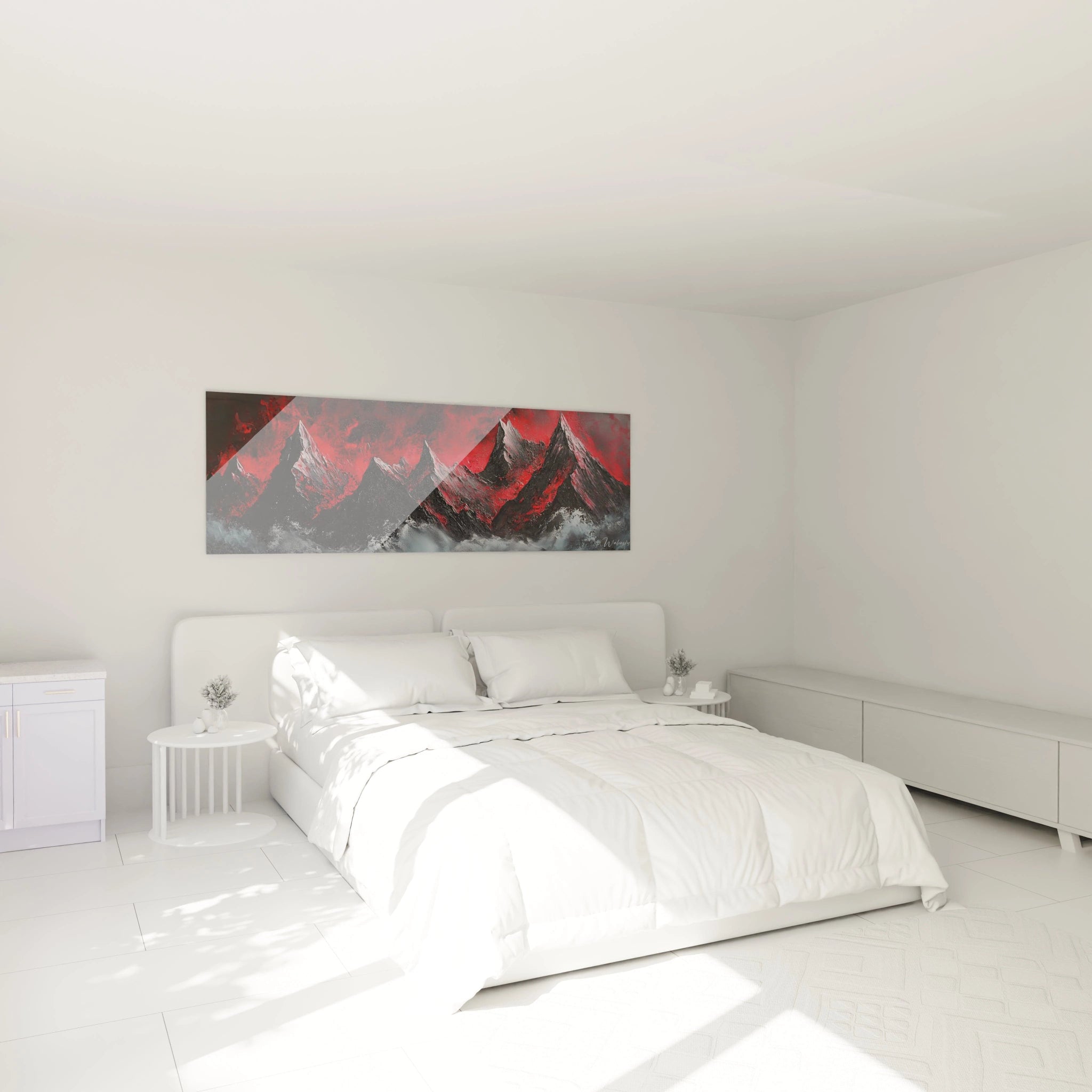 Tableau peinture abstrait Walensky avec des montagnes rouges sur fond gris pour décoration moderne