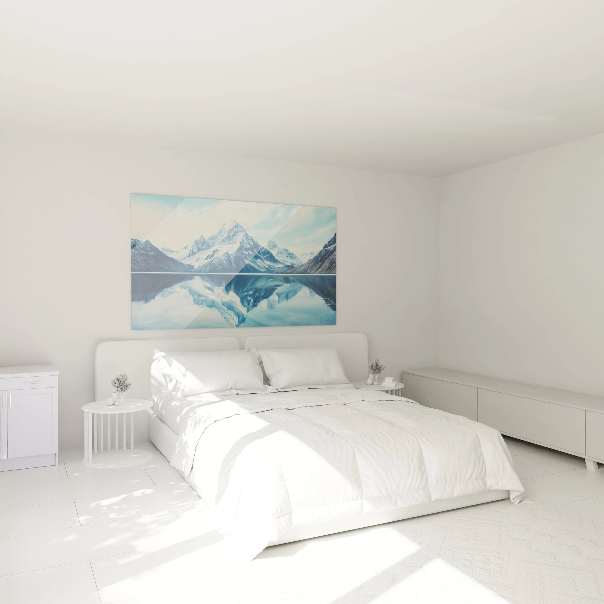 Un tableau artistique montrant une chaîne de montagnes alpine avec un pic central dominant, reflet parfait dans l'eau, palette de bleus glacés et blancs neigeux
