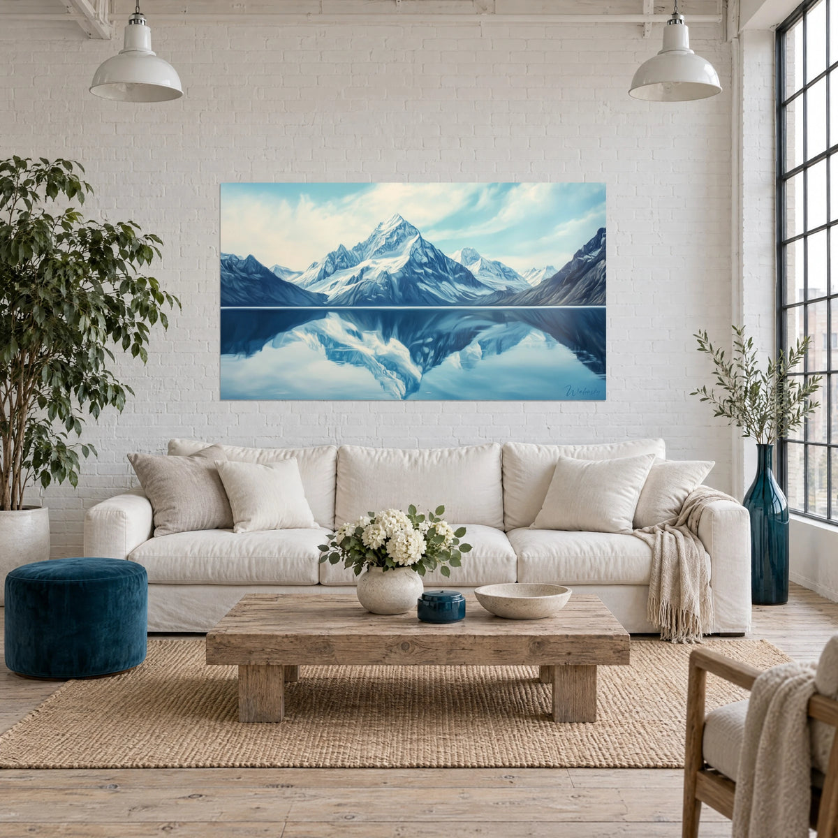 Tableau sommet enneigé reflété dans un lac bleu glacier, cimes blanches et ciel crème, au-dessus d'un canapé dans un salon lumineux