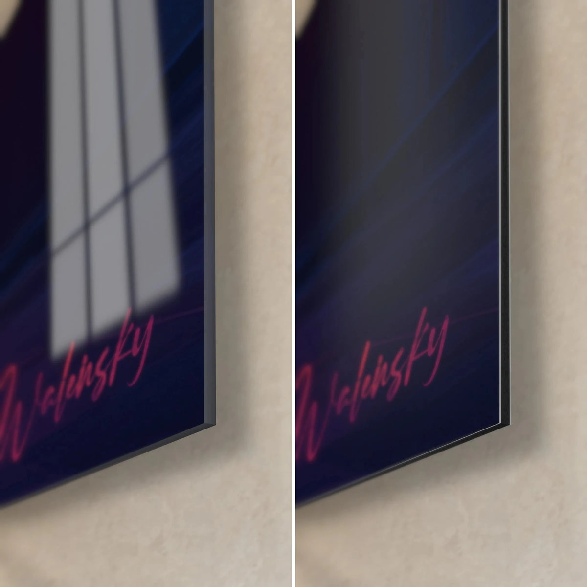 Quadro neon da cinema, angolo in basso a destra: vetro acrilico lucido a sinistra, alluminio Dibond opaco a destra, firma rosa, spessore 3 mm