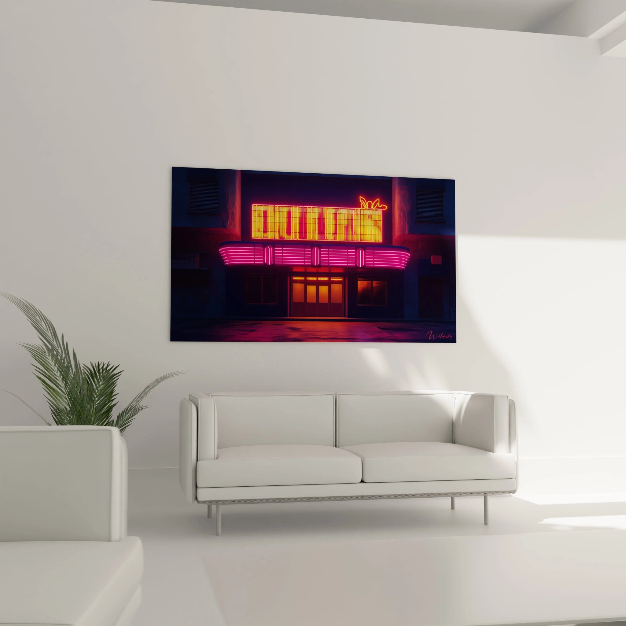 Tableau façade lumineuse illustrant un bâtiment de style rétro avec une enseigne rectangulaire jaune-orange en haut et une marquise rose vif en dessous, baigné dans une ambiance nocturne bleutée avec des effets de brillance et de réflexion.
