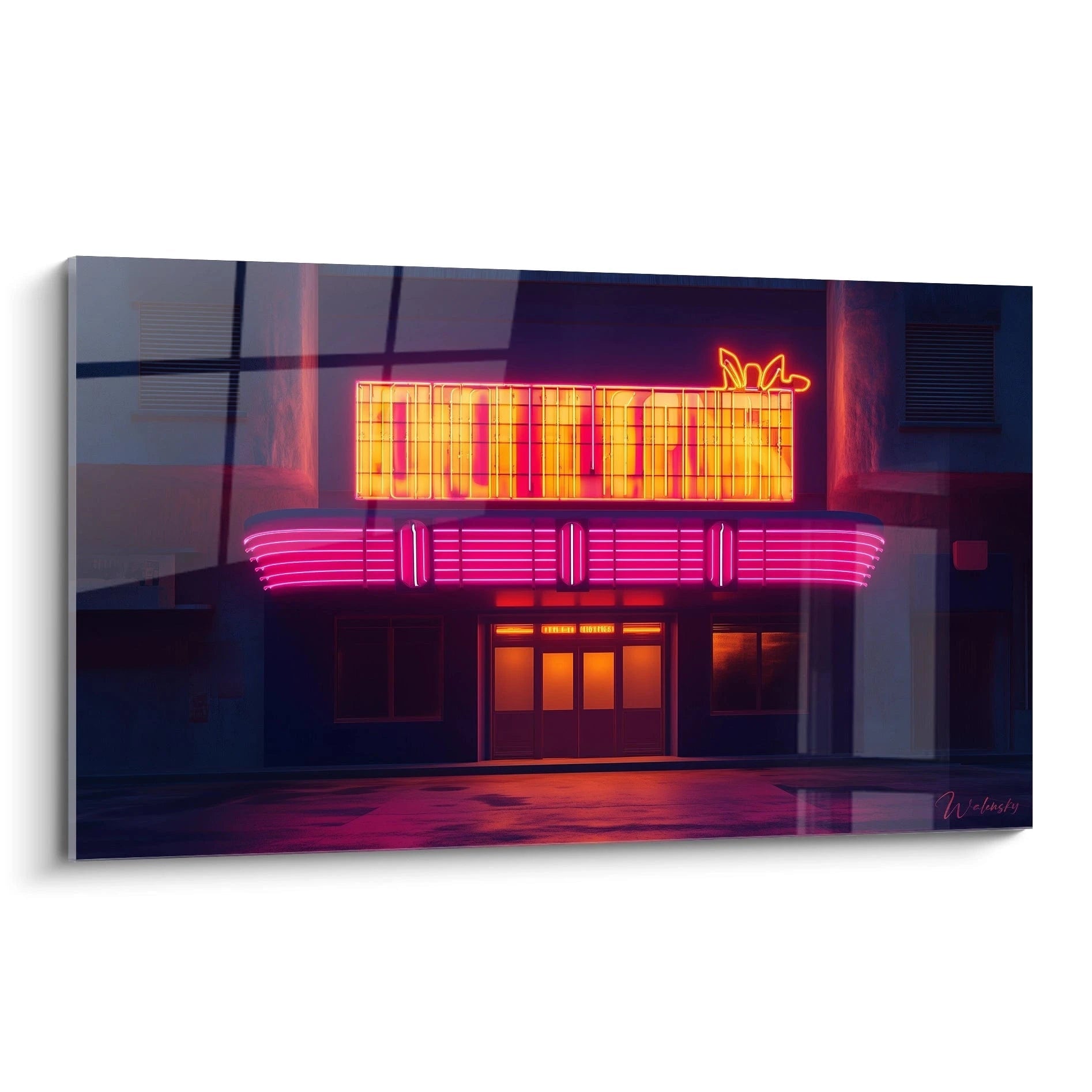 Tableau néon urbain représentant la façade illuminée d'un cinéma vintage avec une enseigne jaune-orange vif et une marquise rose électrique qui se détachent sur un fond bleu nuit profond, créant des reflets lumineux sur le sol mouillé.
