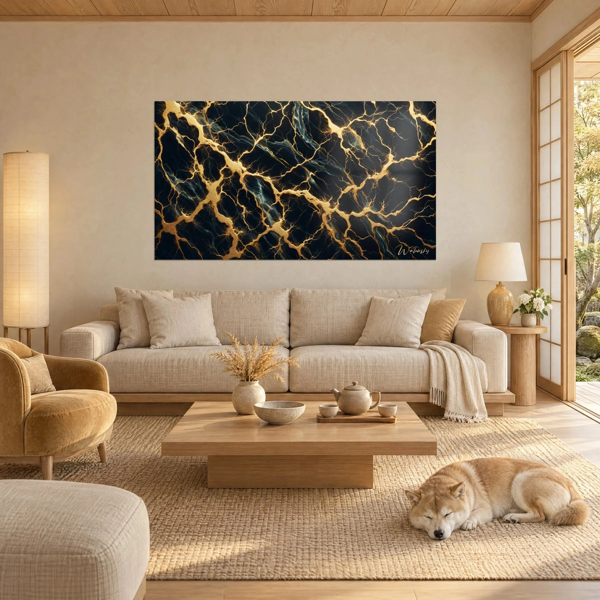 Tableau veines d'or sur marbre noir, filons dorés et reflets bleutés, Shiba endormi au-dessus d'un canapé dans un salon lumineux