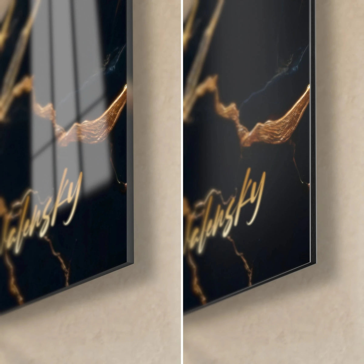 Gemälde aus schwarzem, golddurchadertem Marmor, untere rechte Ecke: glänzendes Acrylglas links, mattes Dibond-Aluminium rechts, 3 mm Kante