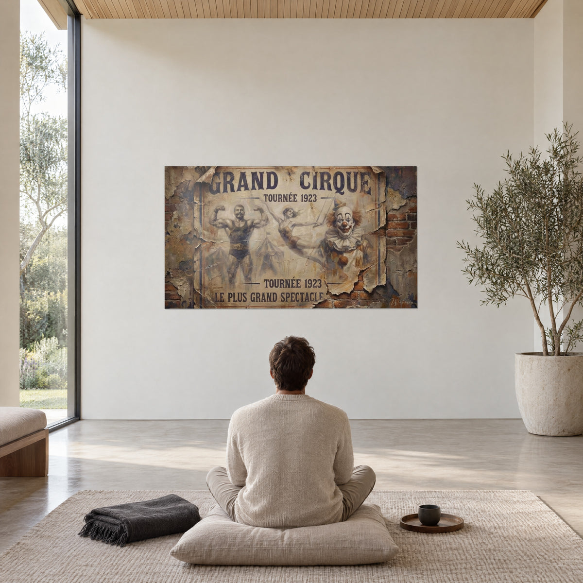 Schilderij kermisvoorstelling van vroeger, afbladderende affiche in crème- en bruintinten, tegenover een persoon die met de rug toe zit in een strakke woonkamer