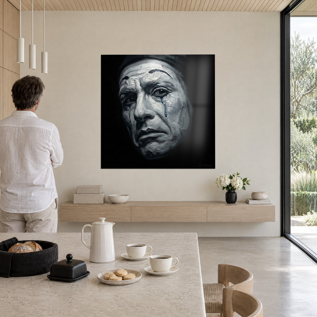 Tableau portrait d'arlequin en pleurs, empâtements gris perle et noir profond, accroché dans une pièce ouverte sur la verdure
