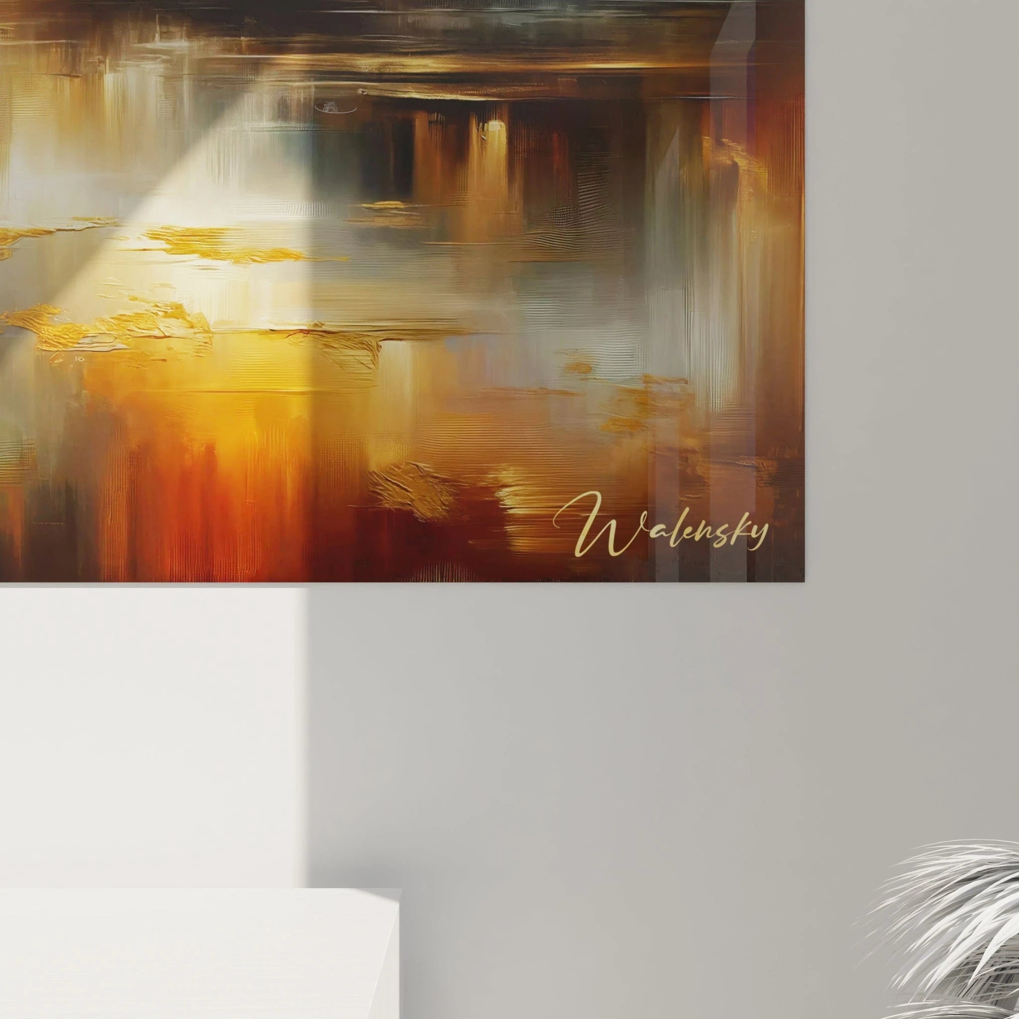 Un tableau abstrait de paysage aquatique au crépuscule. Composé de teintes dorées, bleues, orange brûlé et ocre. La texture présente des contrastes entre zones de peinture à l'huile épaisse appliquée à la spatule et zones plus fluides, avec des feuilles d'or incrustées créant des points lumineux qui se reflètent dans l'eau.
