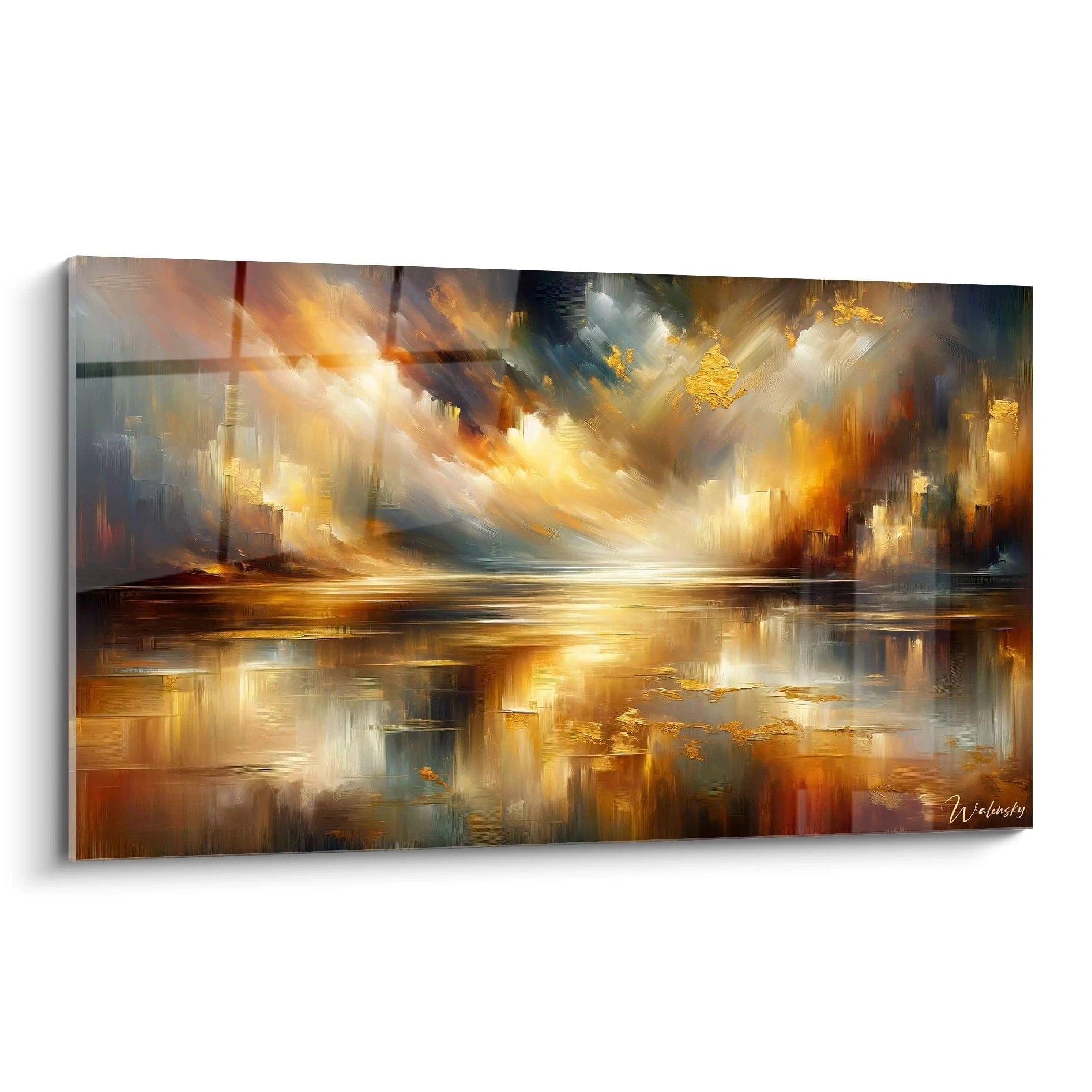 Un tableau abstrait de paysage avec reflets d'eau. Dominé par des teintes ocre, or, bleu profond et brun rougeâtre. La texture présente des coups de pinceau dynamiques horizontaux et diagonaux, avec des zones de peinture épaisse dorée en relief contrastant avec des passages fluides et vaporeux.
