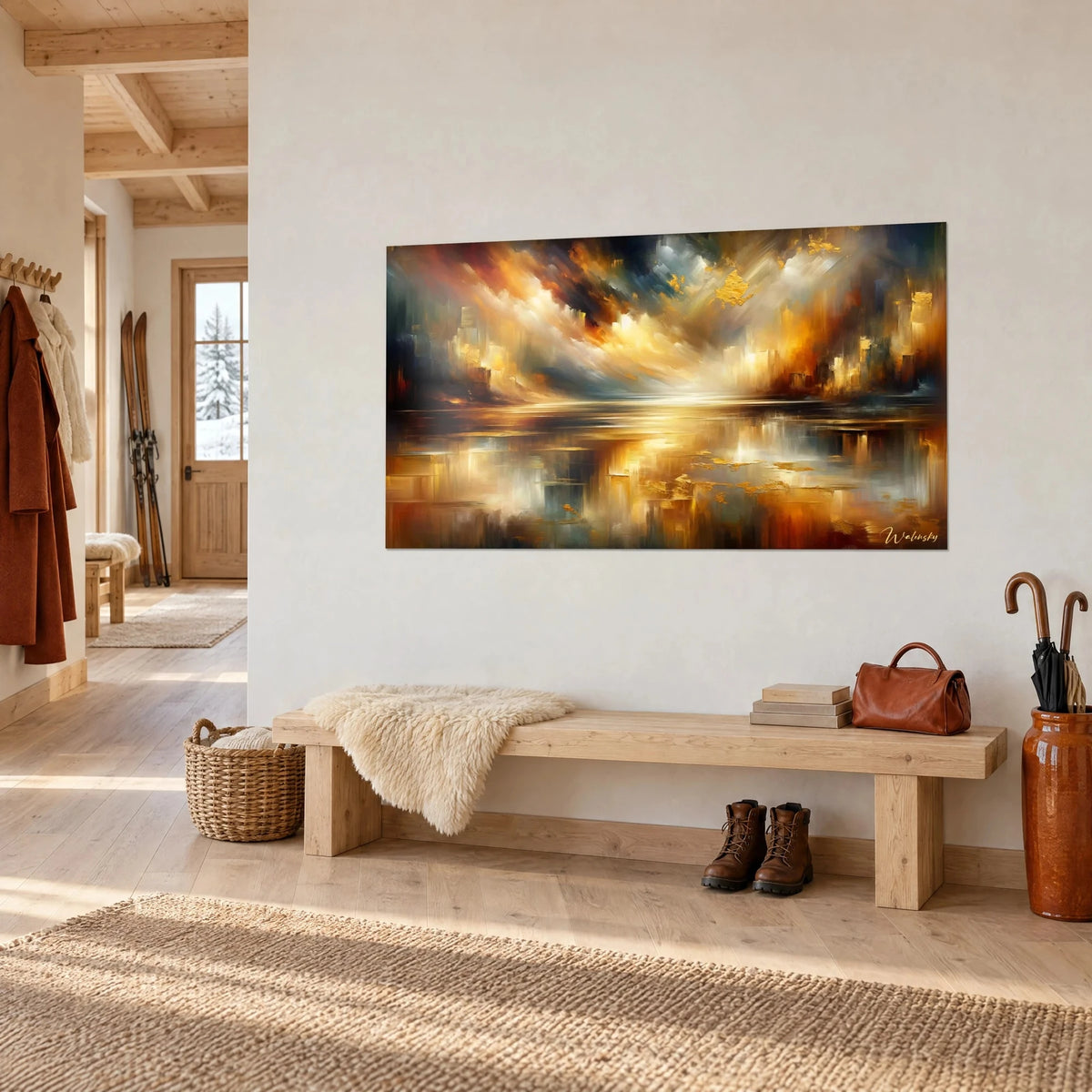 Schilderij van een spookstad die oplost in gouden mist, oranje lucht en middernachtblauw, weerspiegelingen op een meer, in de hal van een chalet