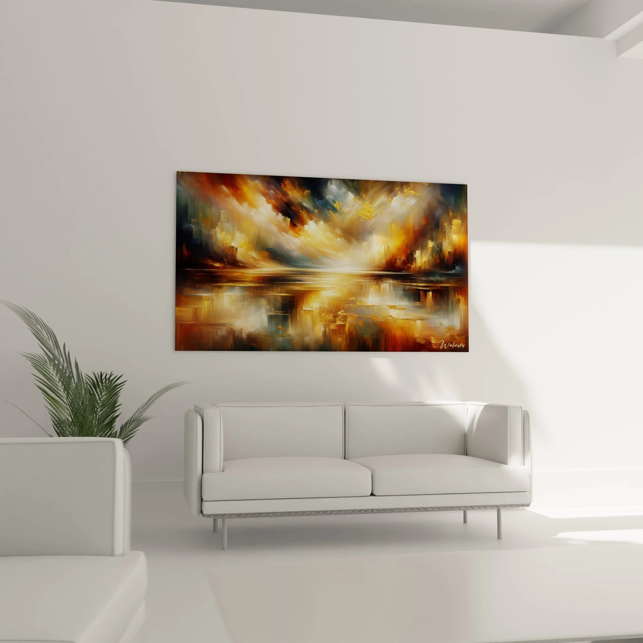 Un tableau abstrait de ciel orageux reflété dans une étendue d'eau. Les couleurs principales sont or, bleu-noir, ambre et terre de Sienne brûlée. La texture mêle couches fines transparentes et applications épaisses de peinture dorée, avec des traits horizontaux nets pour l'eau et des mouvements tourbillonnants pour le ciel.
