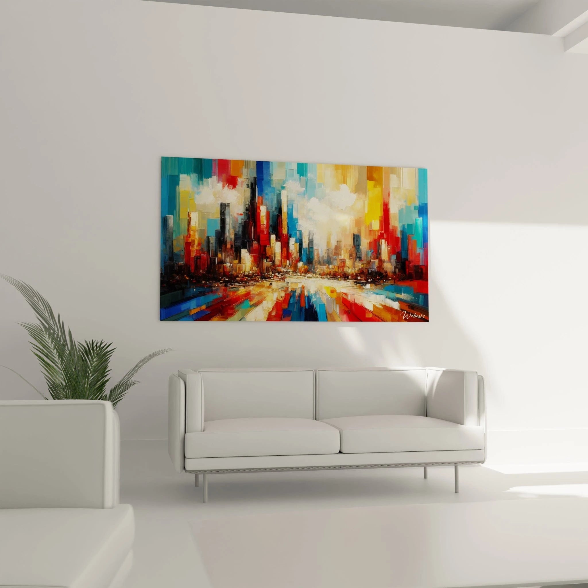 Un tableau abstrait d'horizon métropolitain. Les couleurs principales sont bleu-vert, rouge vermillon, orange et noir. La texture associe aplats rectangulaires et lignes directionnelles, avec des bâtiments stylisés aux formes géométriques qui convergent vers le centre lumineux et se reflètent dans l'eau suggérée au premier plan.
