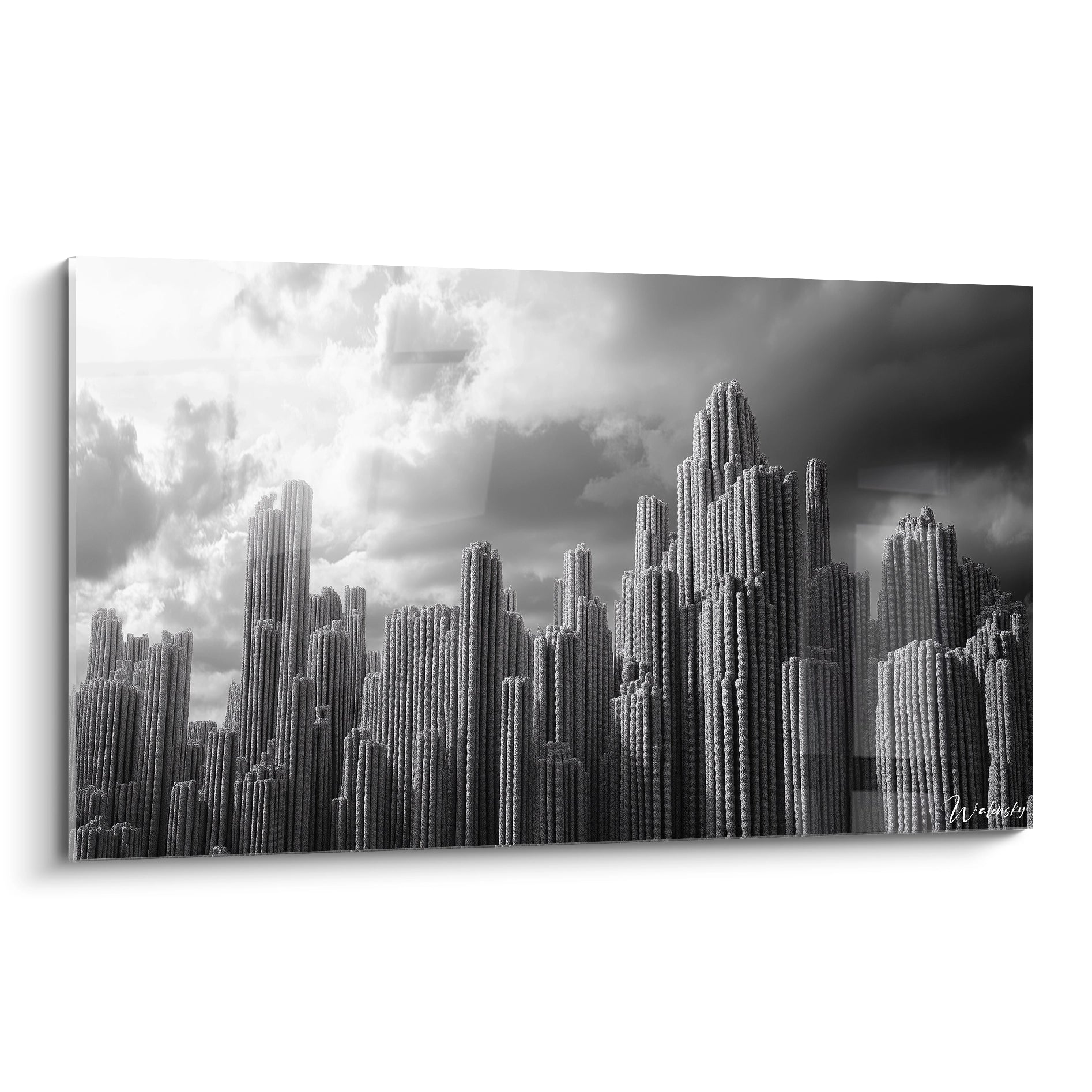 Un tableau architectural représentant une skyline urbaine stylisée en noir et blanc, composé de structures verticales cannelées de différentes hauteurs évoquant des gratte-ciels, sous un ciel nuageux contrasté créant une atmosphère dramatique et monumentale.
