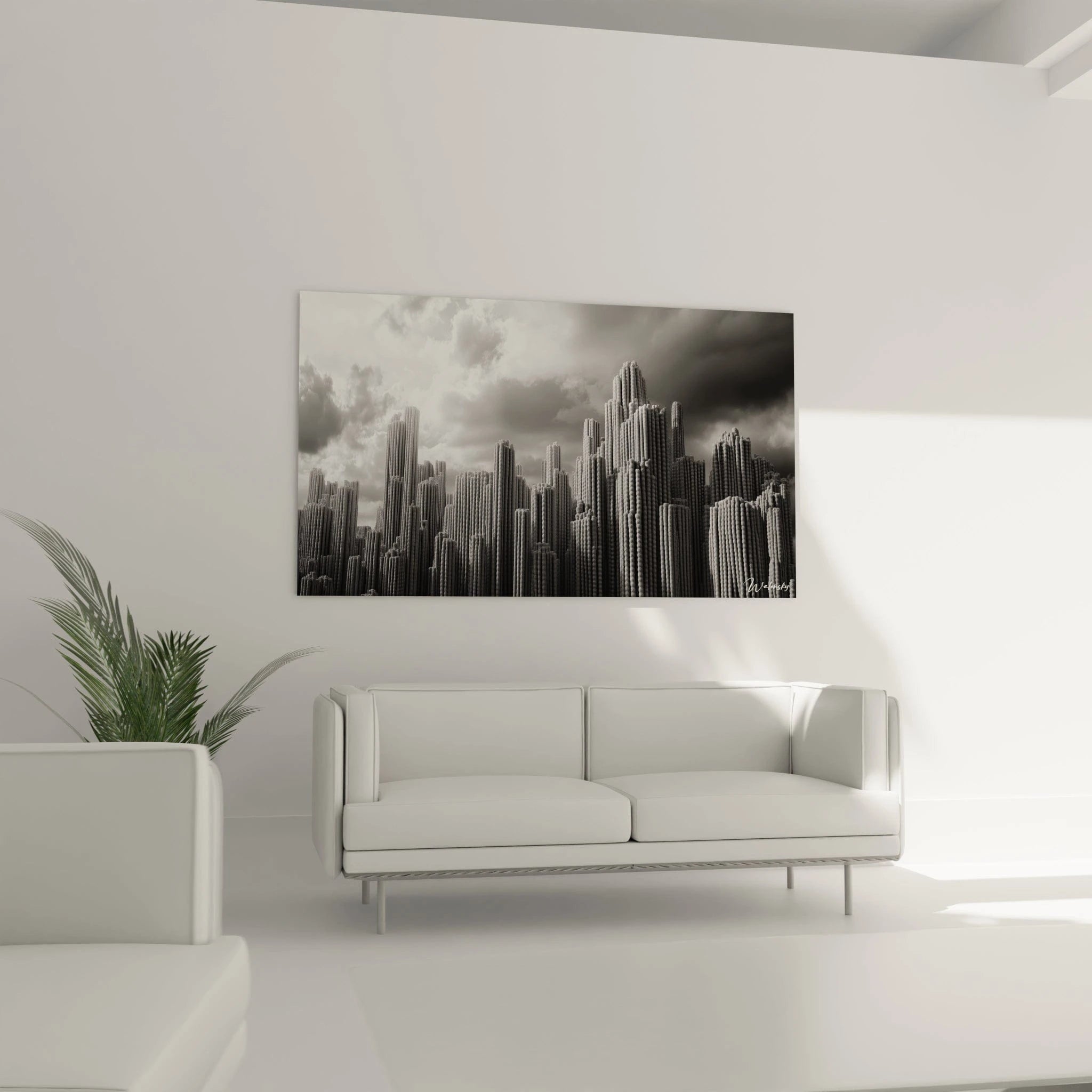 Un tableau métropolitain aux tonalités gris, noir et blanc montrant une silhouette urbaine composée de formes architecturales cylindriques striées verticalement, créant l'illusion d'une cité futuriste sans présence humaine, sous un ciel chargé de nuages contrastés.
