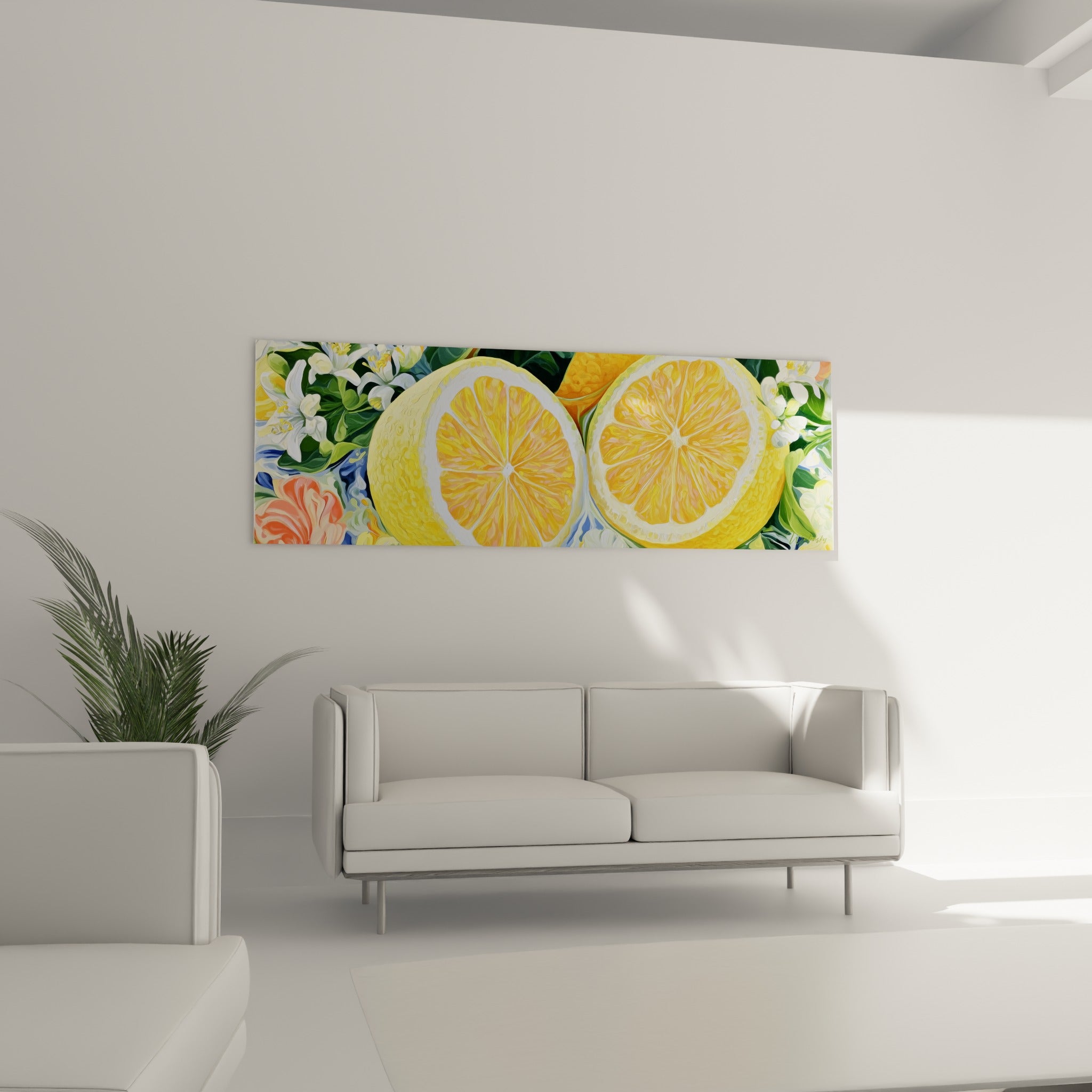 Moitiés de citron orange et jaune entourées de feuillage vert, au-dessus d'un canapé dans un salon lumineux