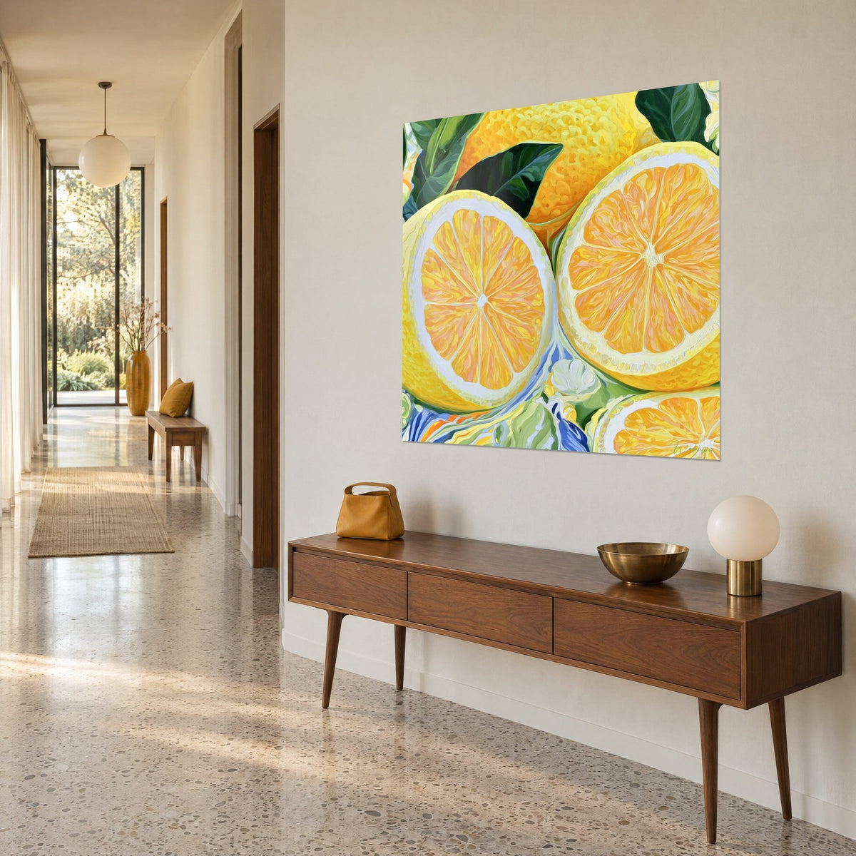 Tableau agrumes tranchés aux segments orange et rose pâle, zeste jaune citron, éclats bleus en bas, accroché de trois-quarts dans un couloir
