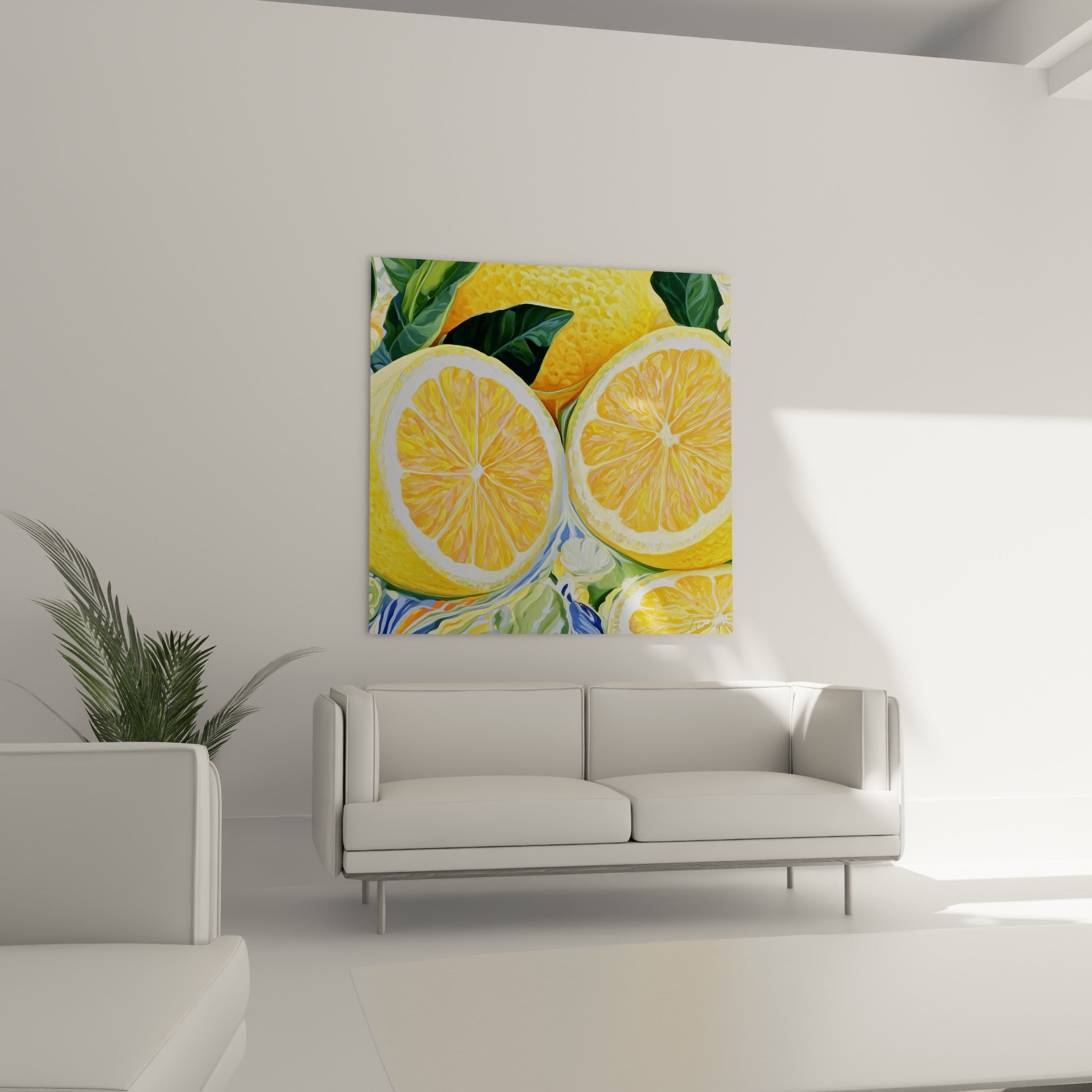 Tranches de citron orangées et feuillage vert sauge, au-dessus d'un canapé dans un salon lumineux