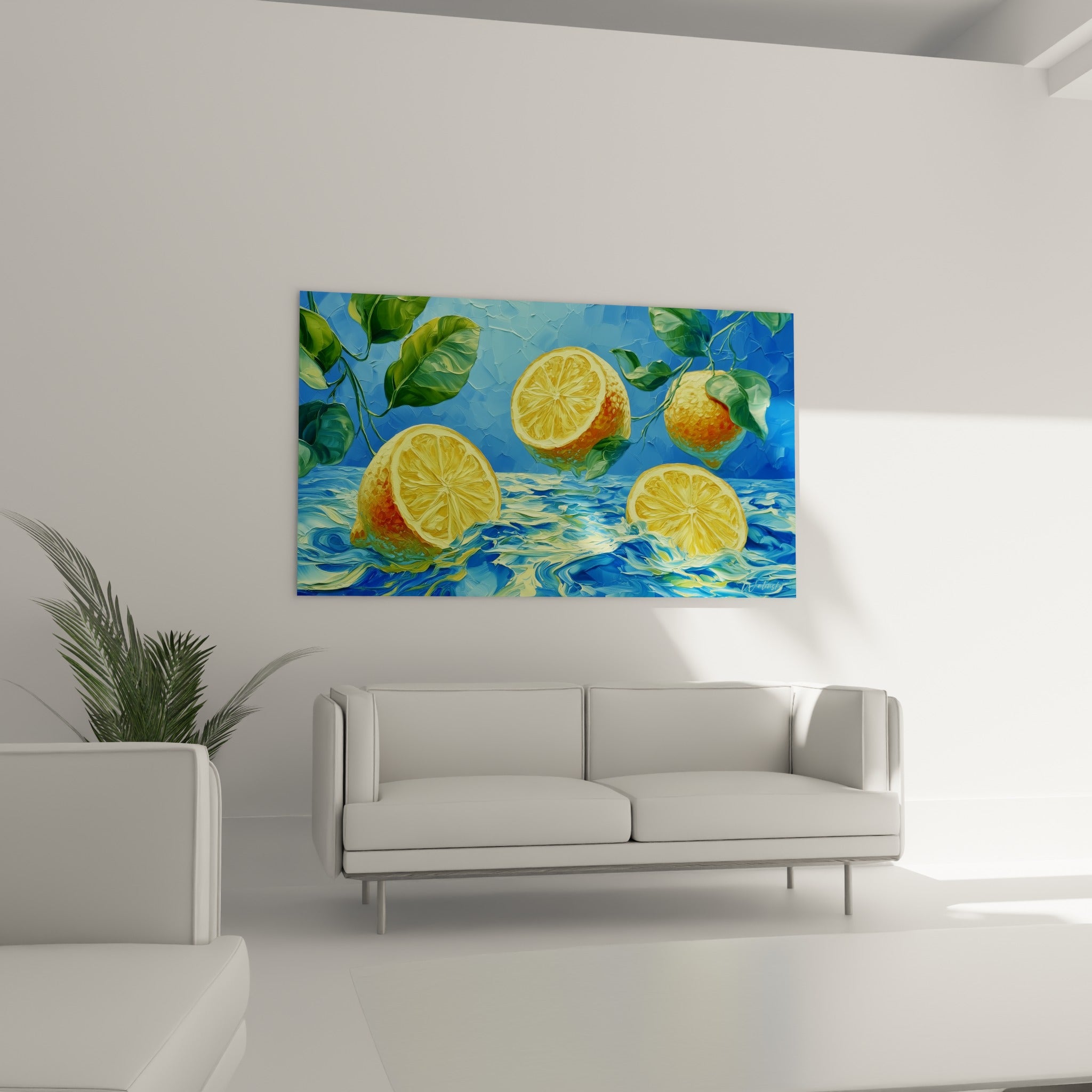 Agrumes dorés et eau bleue en mouvement, tableau accroché au-dessus d'un canapé dans un salon lumineux
