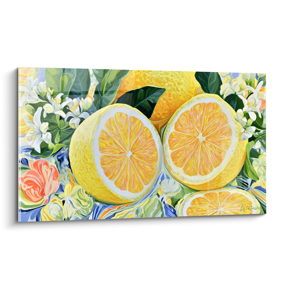 Tableau Citrons jaunes et orange tranchés en gros plan - Fleurs d'oranger blanches - Edition Citron