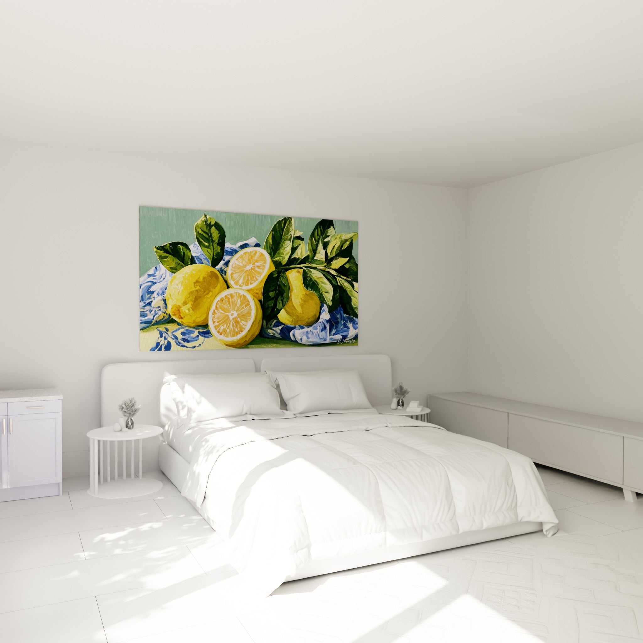Citrons jaunes juteux et feuillage vert peints au-dessus d'un lit dans une chambre claire