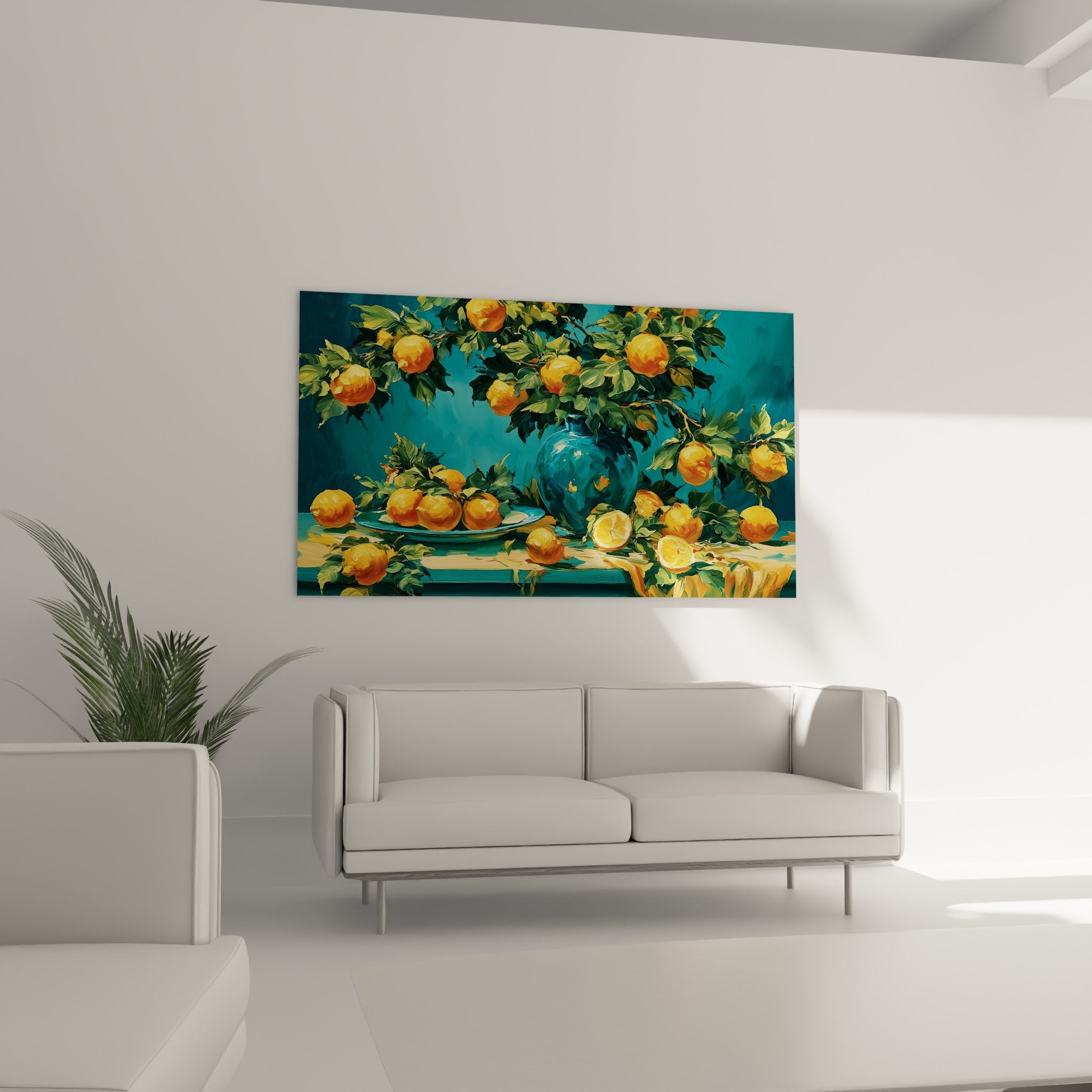 Nature morte aux citrons jaunes et fond bleu profond, suspendue au-dessus d'un canapé dans un salon lumineux