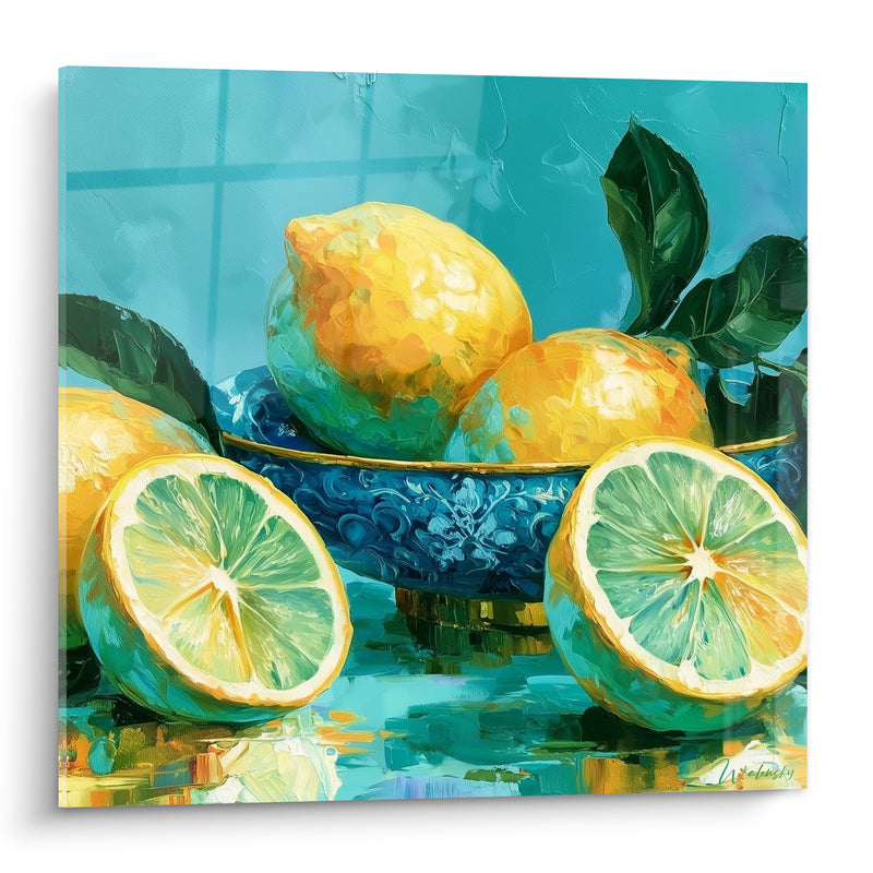 Tableau Bol jaune et bleu aux motifs ornementés - Reflets sur surface mouillée - Edition Citron