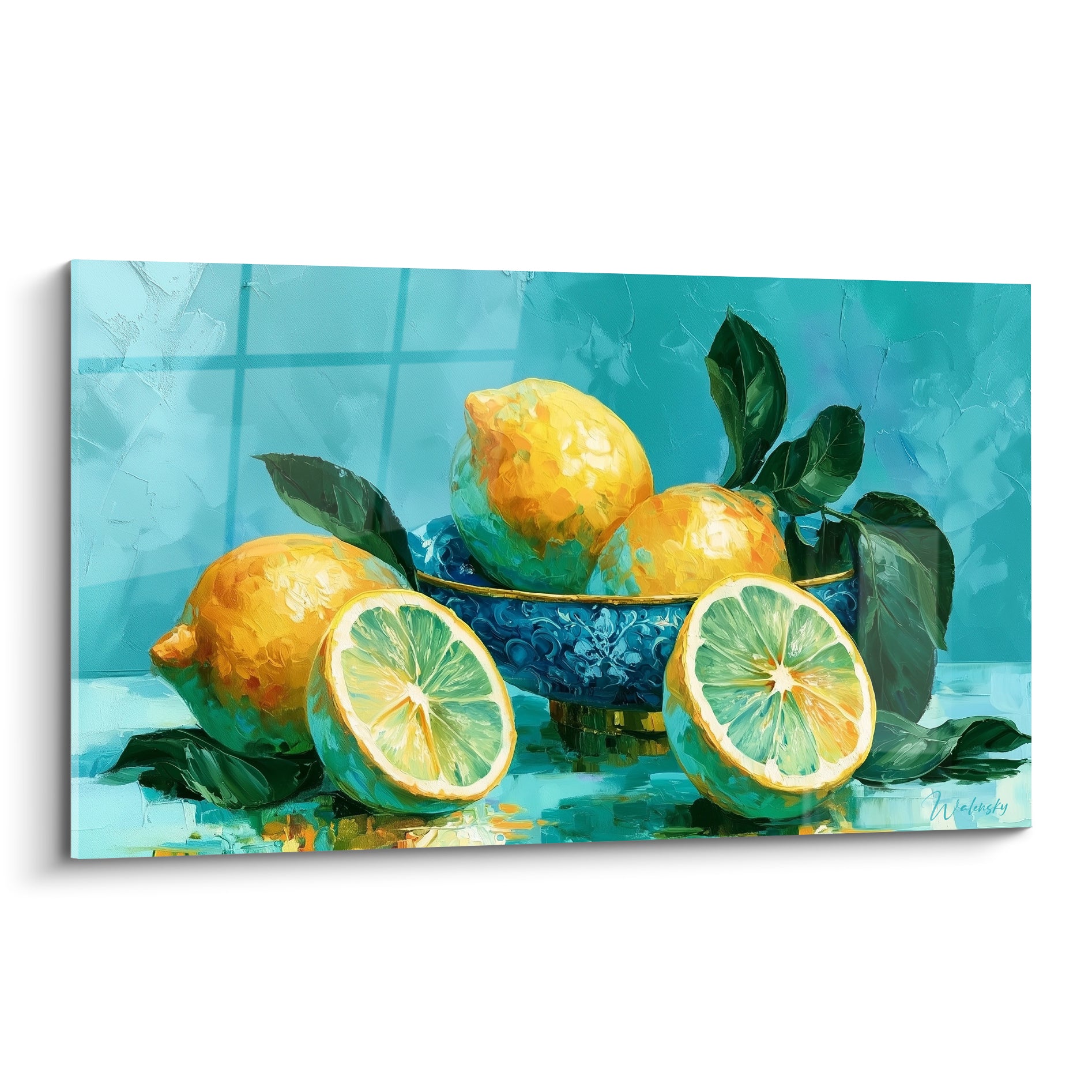 Citrons jaunes tranchés dans un bol bleu turquoise, peinture texturée aux touches d'orangé et de vert.
