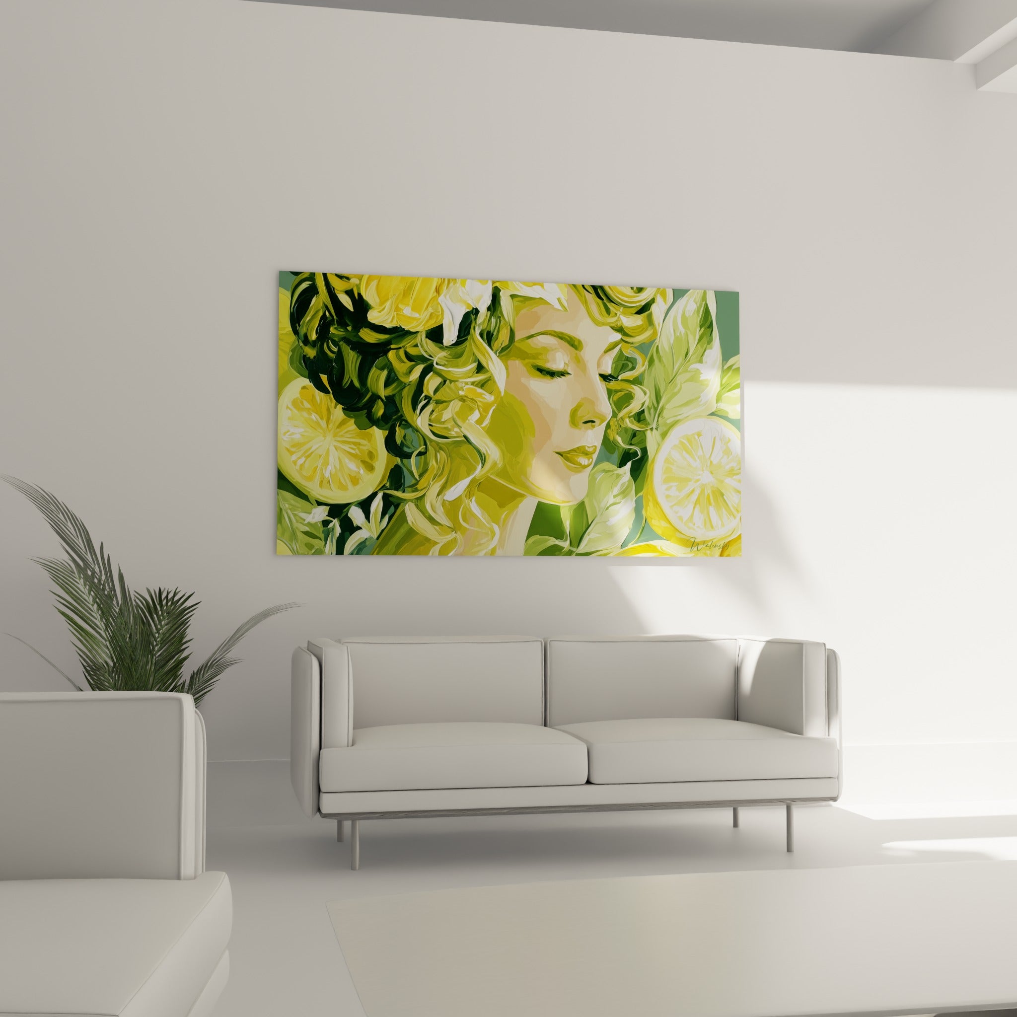 Portrait végétal aux tons jaune citron et vert profond, au-dessus d'un canapé dans un salon lumineux