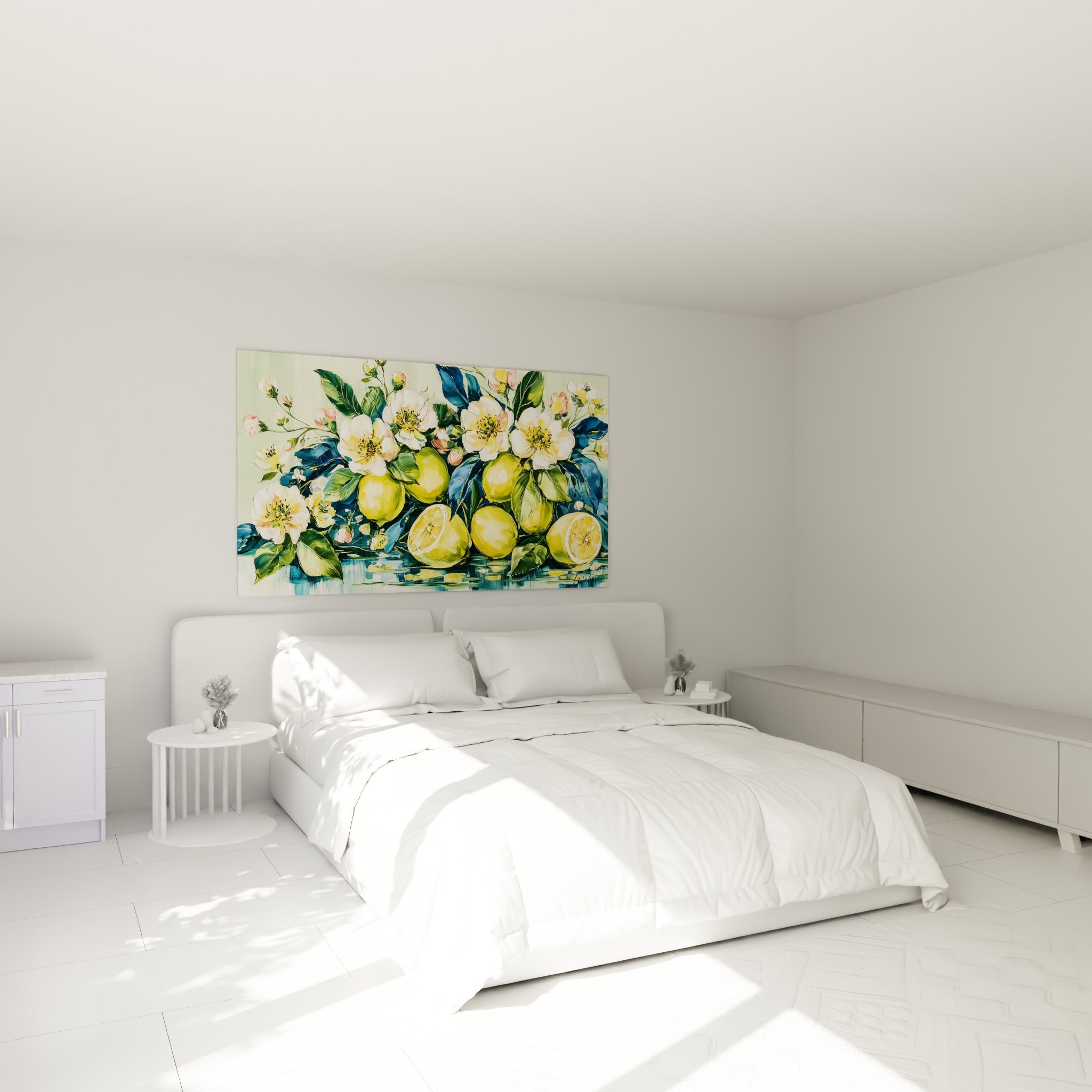 Bouquet de citrons jaunes et fleurs blanches peint au-dessus d'un lit dans une chambre claire