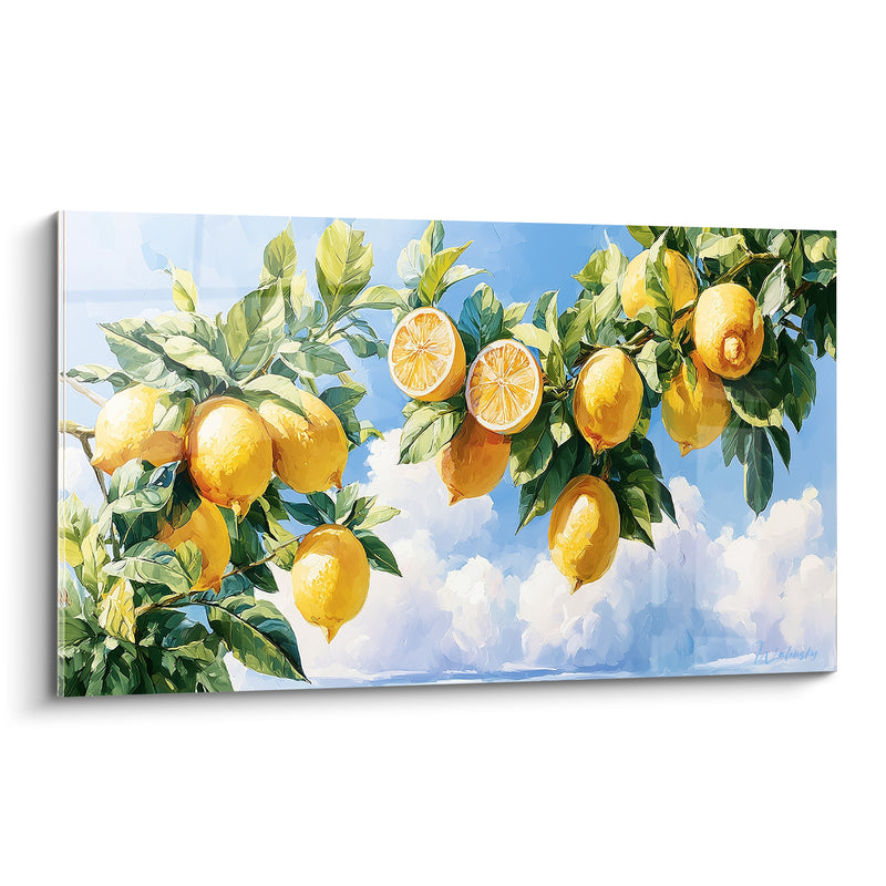 Tableau Branche jaune et bleu ciel nuageux - Tranches suspendues au vent - Edition Citron