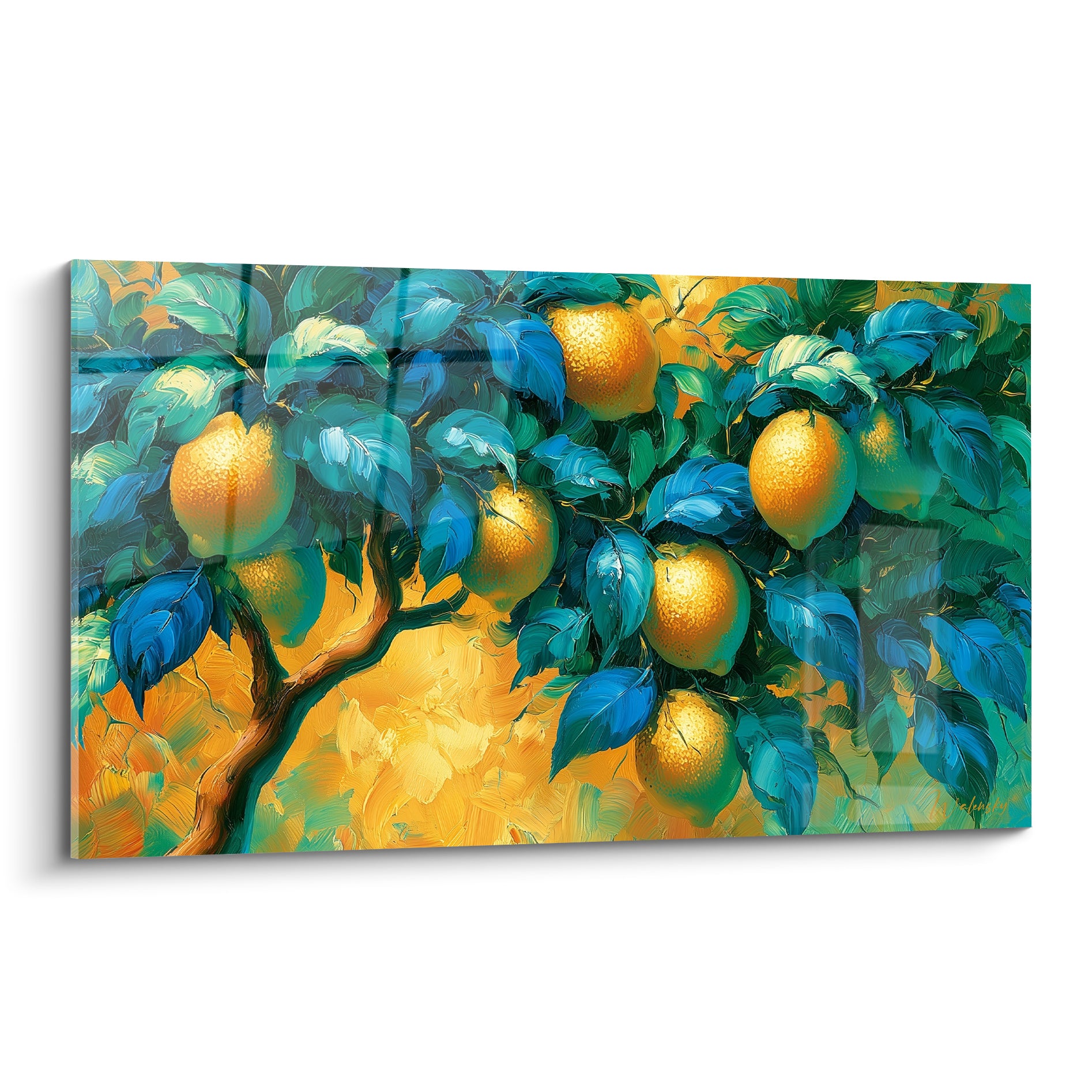 Citrons dorés sur branche brune, feuillage bleu turquoise et vert émeraude, technique à l'huile texturée