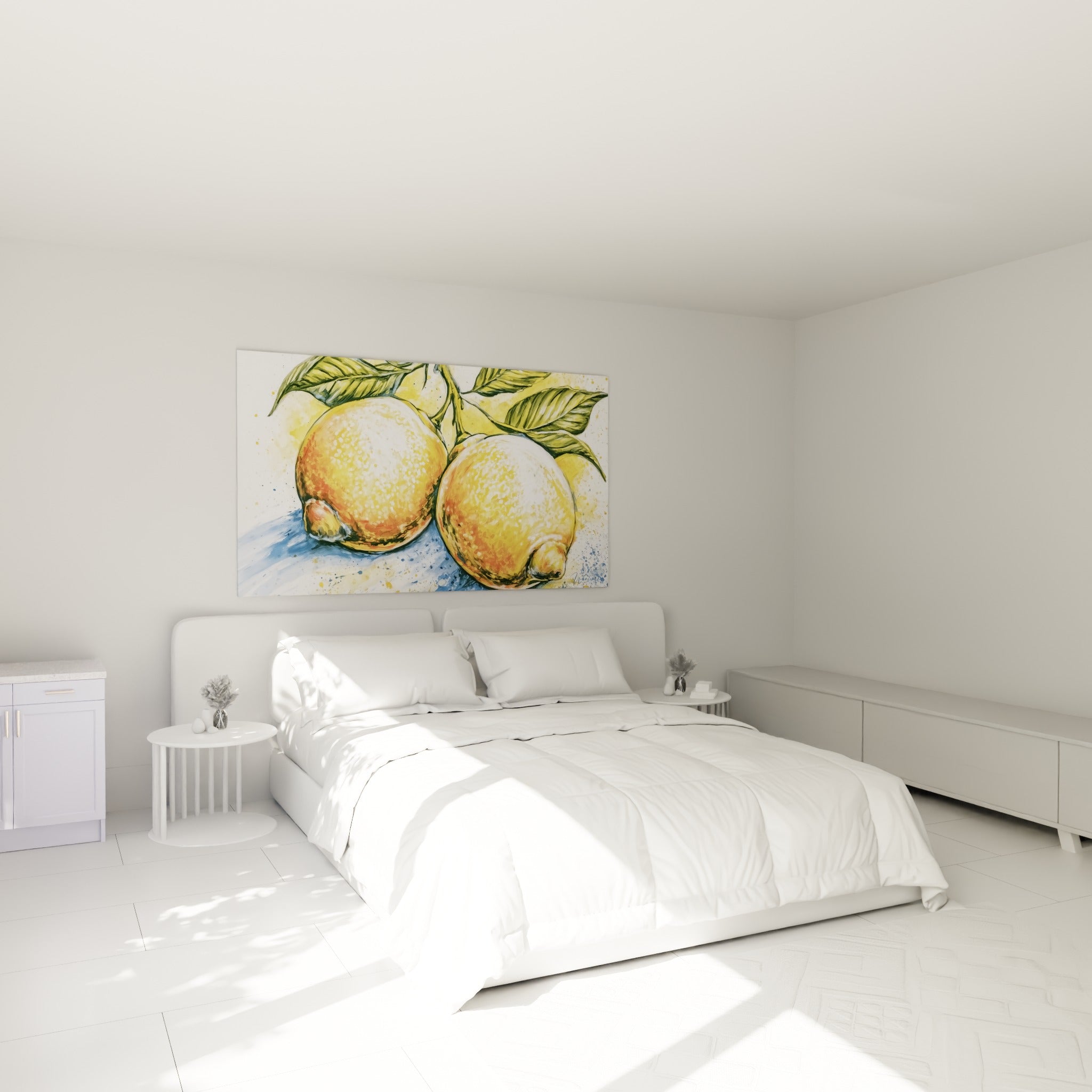 Citrons jaune vif et orangé sur fond blanc éclaboussé, accroché au-dessus d'un lit dans une chambre claire