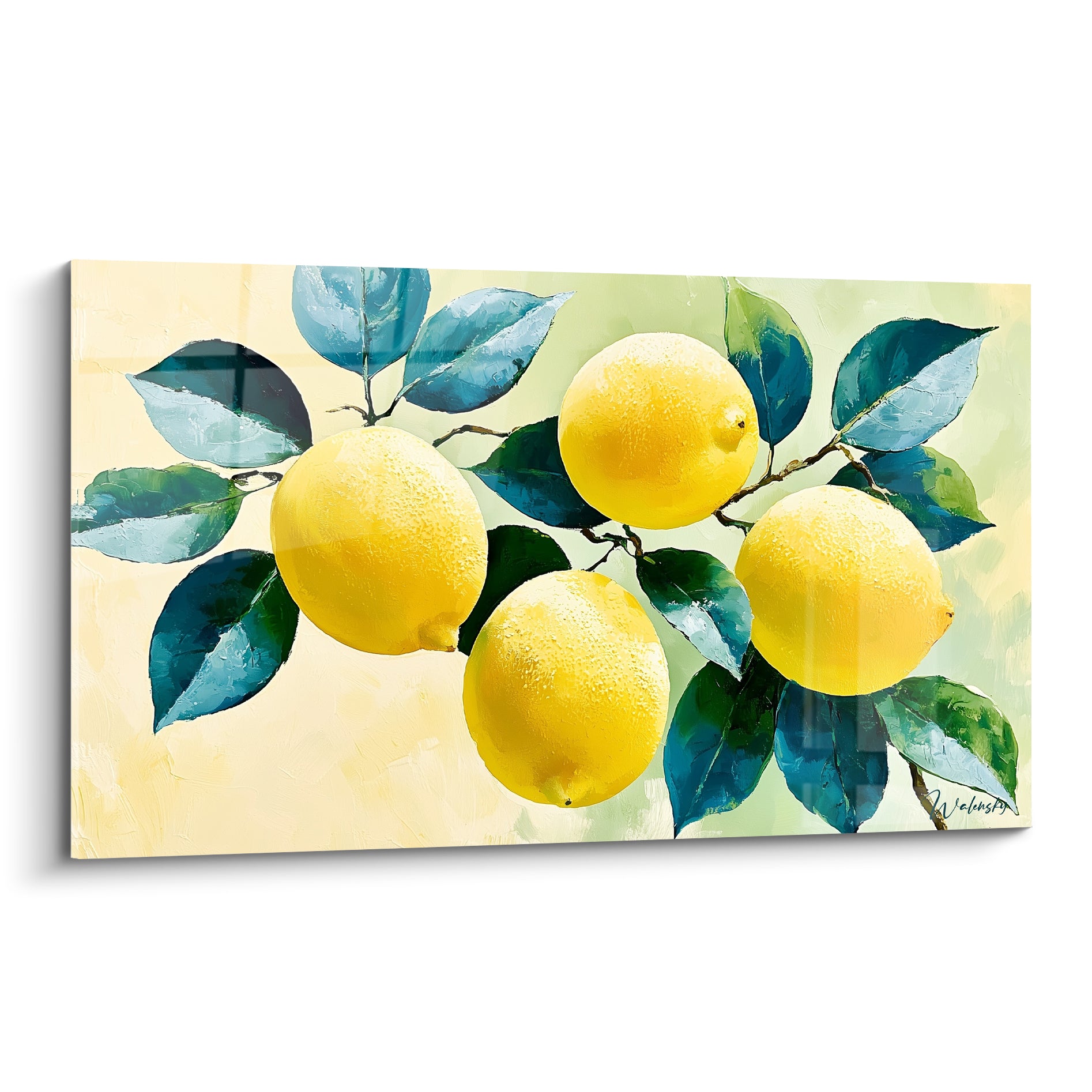Citrons jaunes en grappe sur branche aux feuilles bleu pétrole et vert, peinture texturée